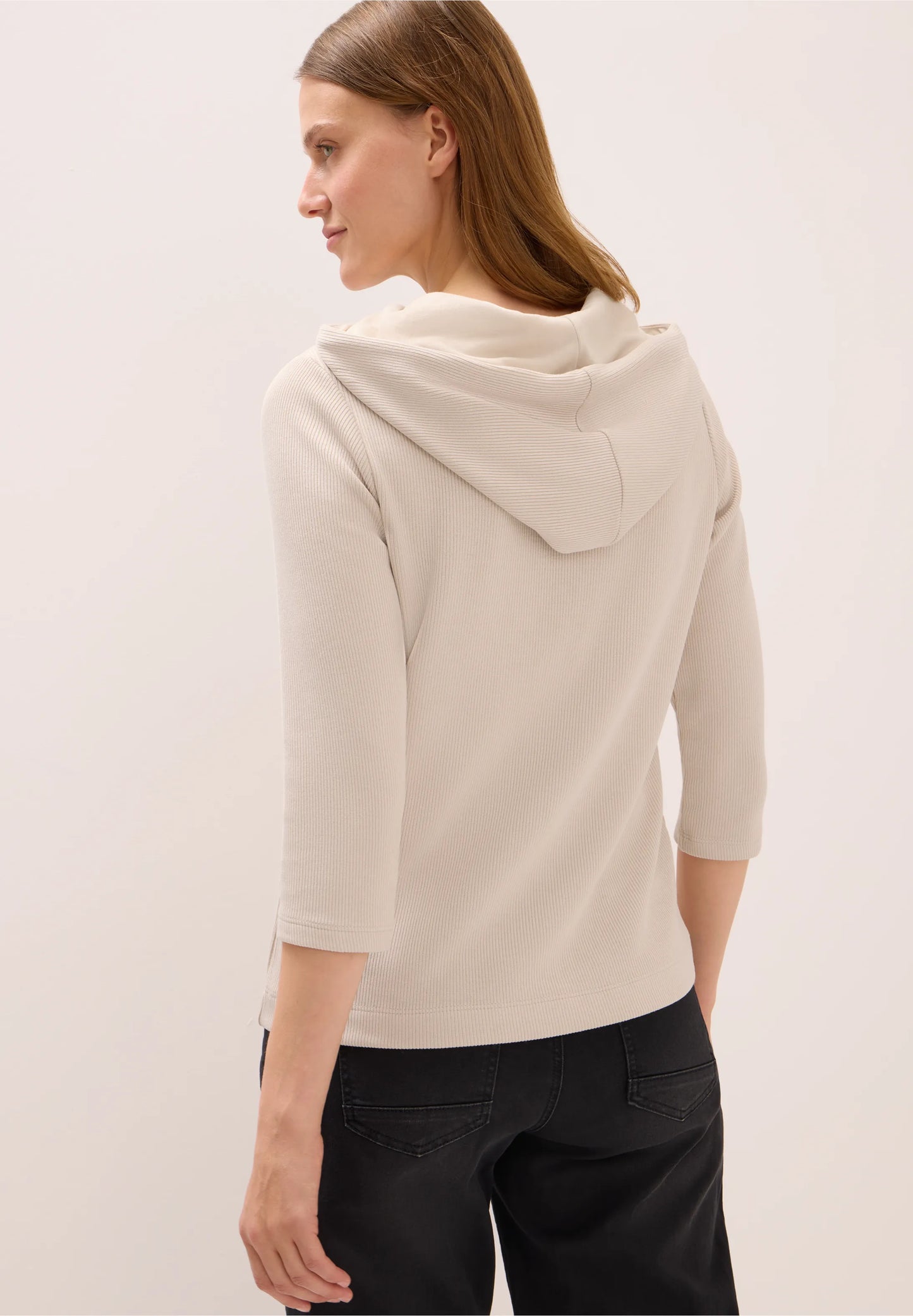 Ribbed Hoodie Top with 3/4 Sleeves, Oat Milk Beige