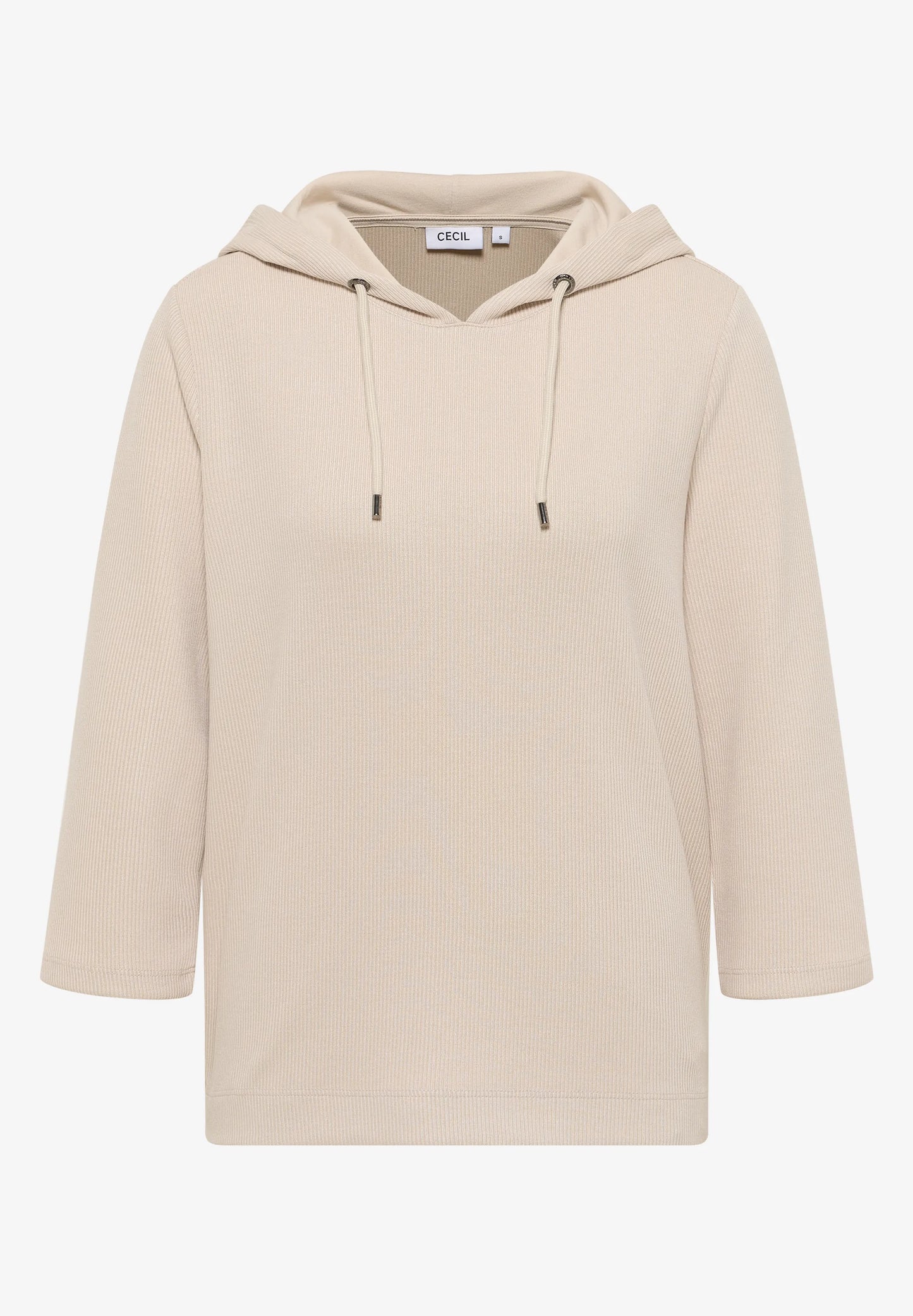Ribbed Hoodie Top with 3/4 Sleeves, Oat Milk Beige