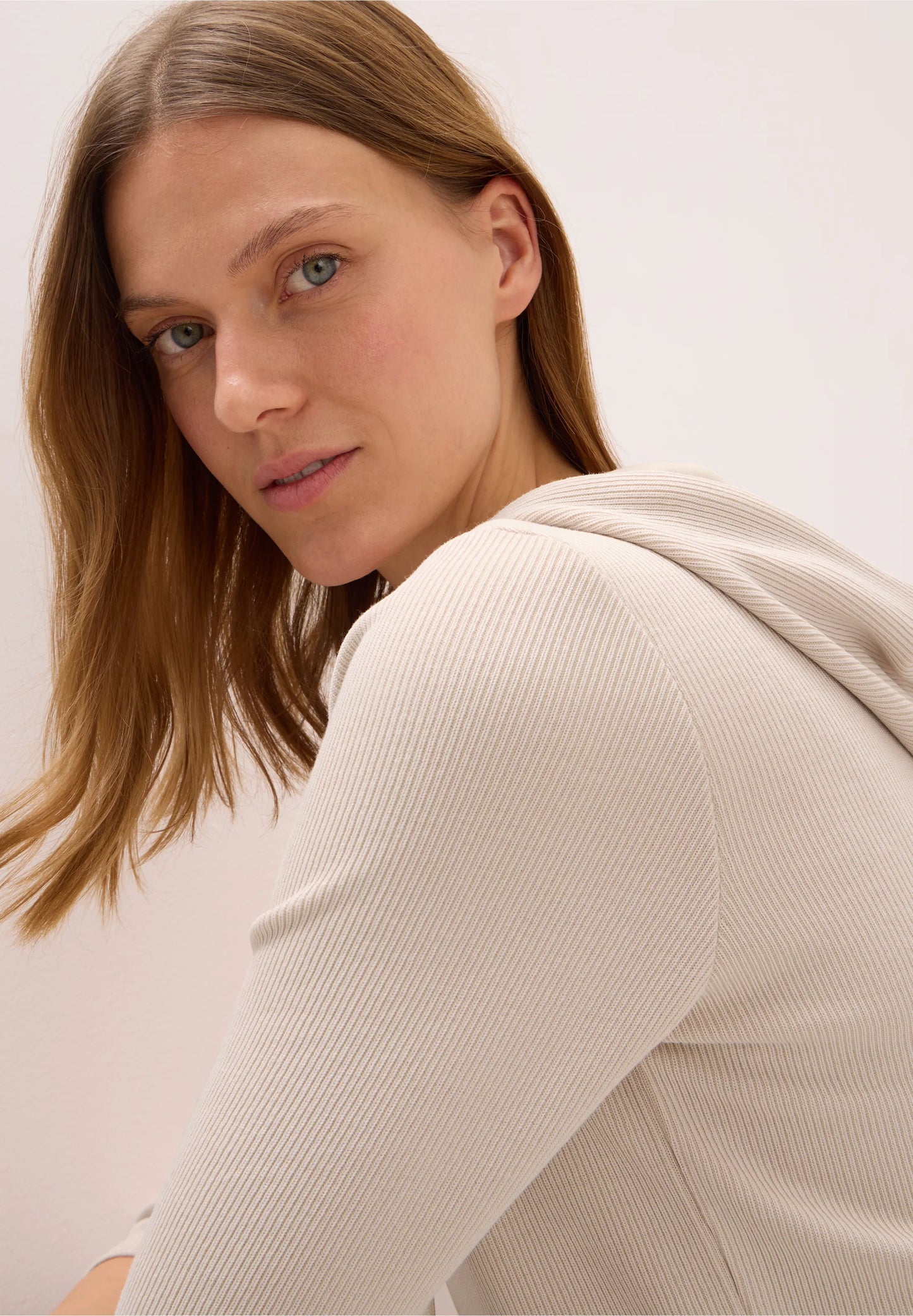 Ribbed Hoodie Top with 3/4 Sleeves, Oat Milk Beige