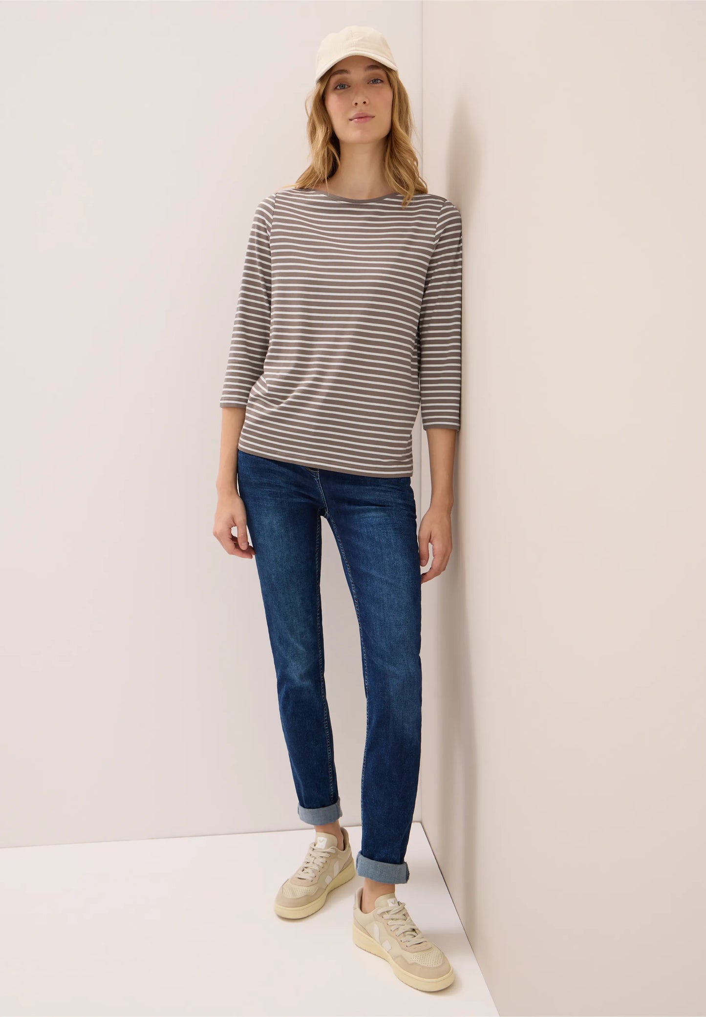 Striped Top with Boat Neck, Cocoa Taupe