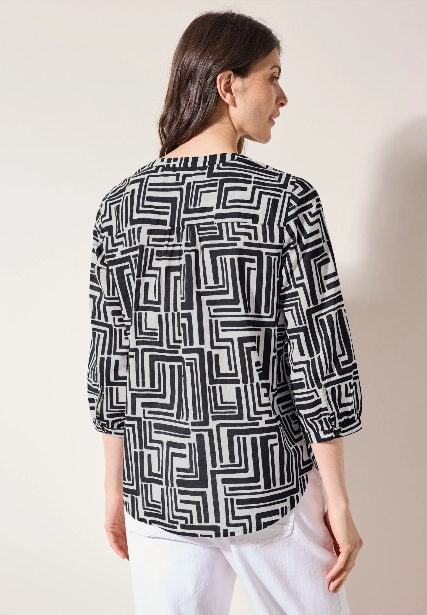 Printed V-Neck Blouse with 3/4 Sleeves, Black