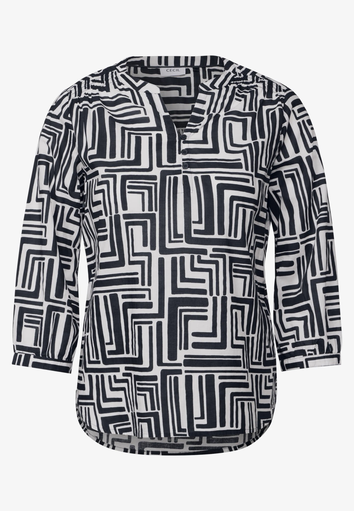 Printed V-Neck Blouse with 3/4 Sleeves, Black