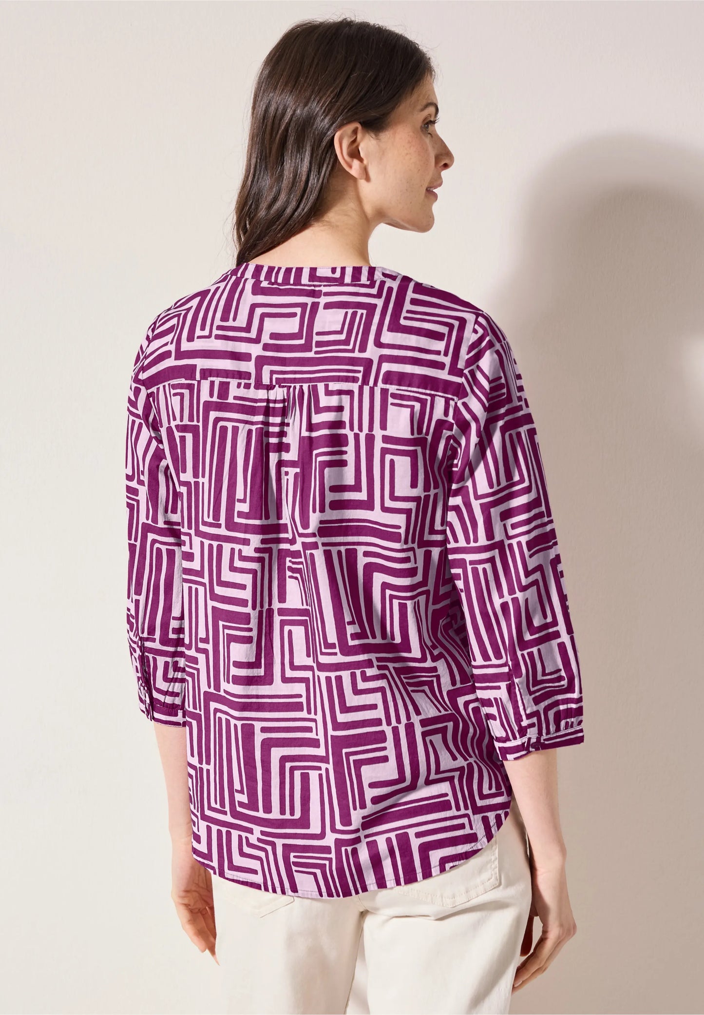 Printed V-Neck Blouse with 3/4 Sleeves, Fuchsia