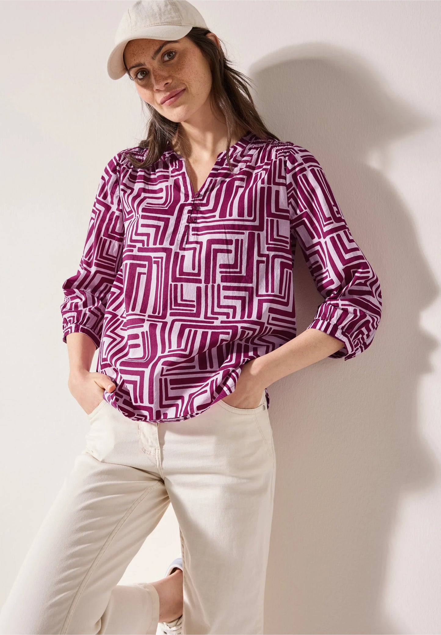 Printed V-Neck Blouse with 3/4 Sleeves, Fuchsia