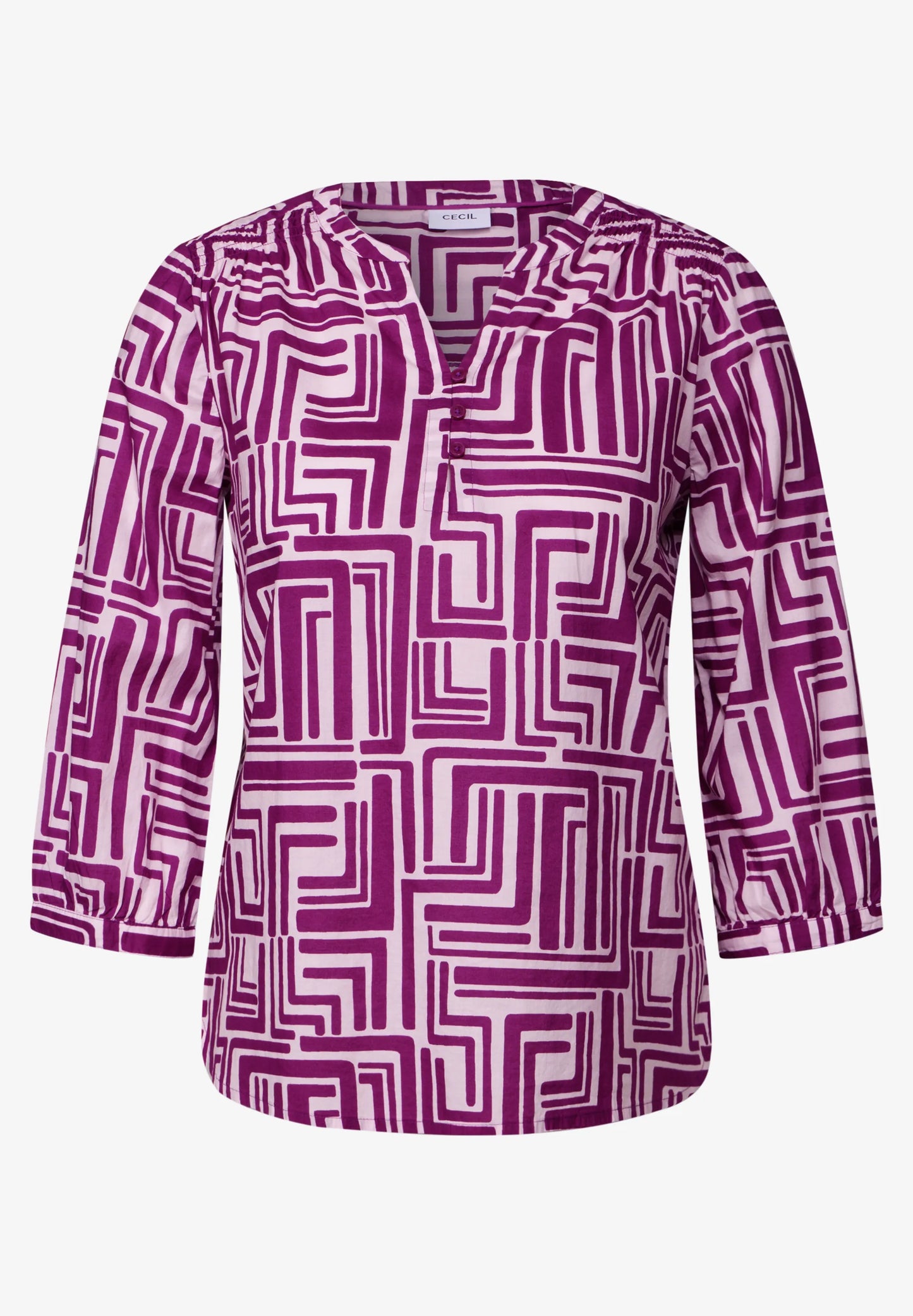Printed V-Neck Blouse with 3/4 Sleeves, Fuchsia