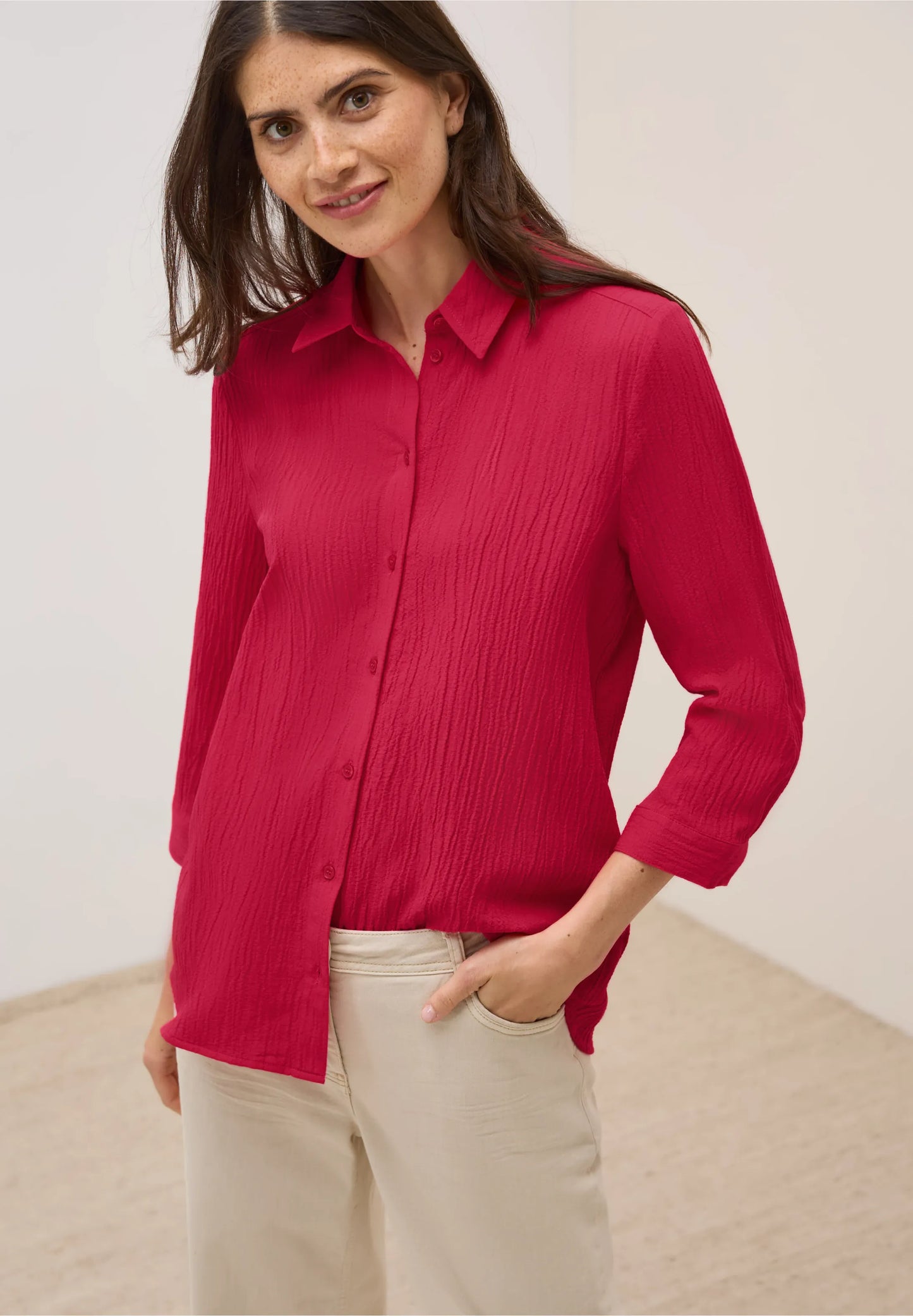 Shirt Blouse in Structured Seersucker, Glazed Apple Red