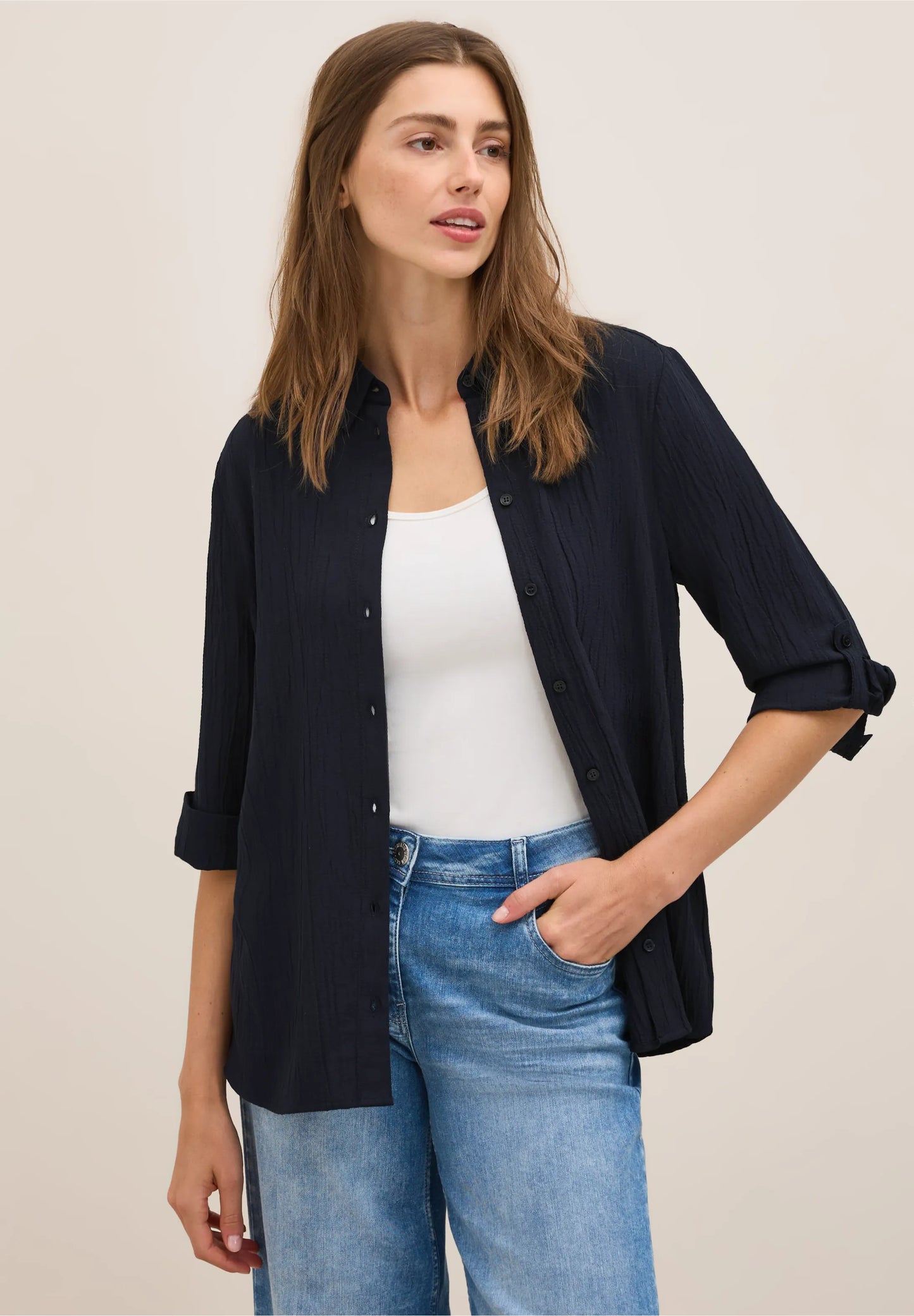 Shirt Blouse in Structured Seersucker, Dark Blue