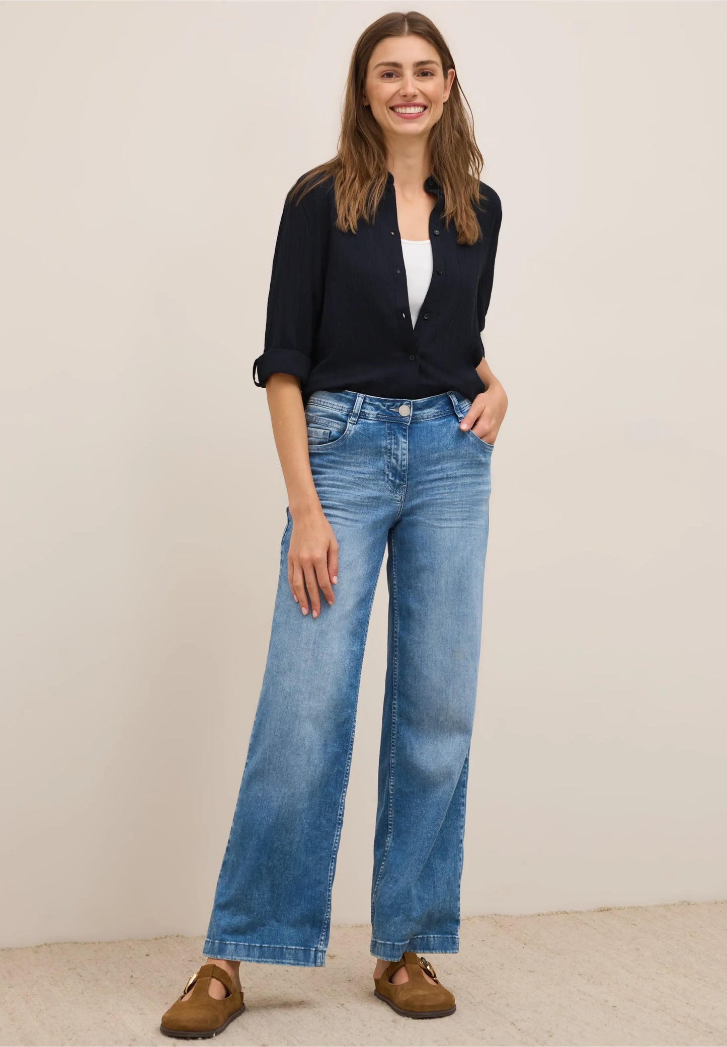 Shirt Blouse in Structured Seersucker, Dark Blue