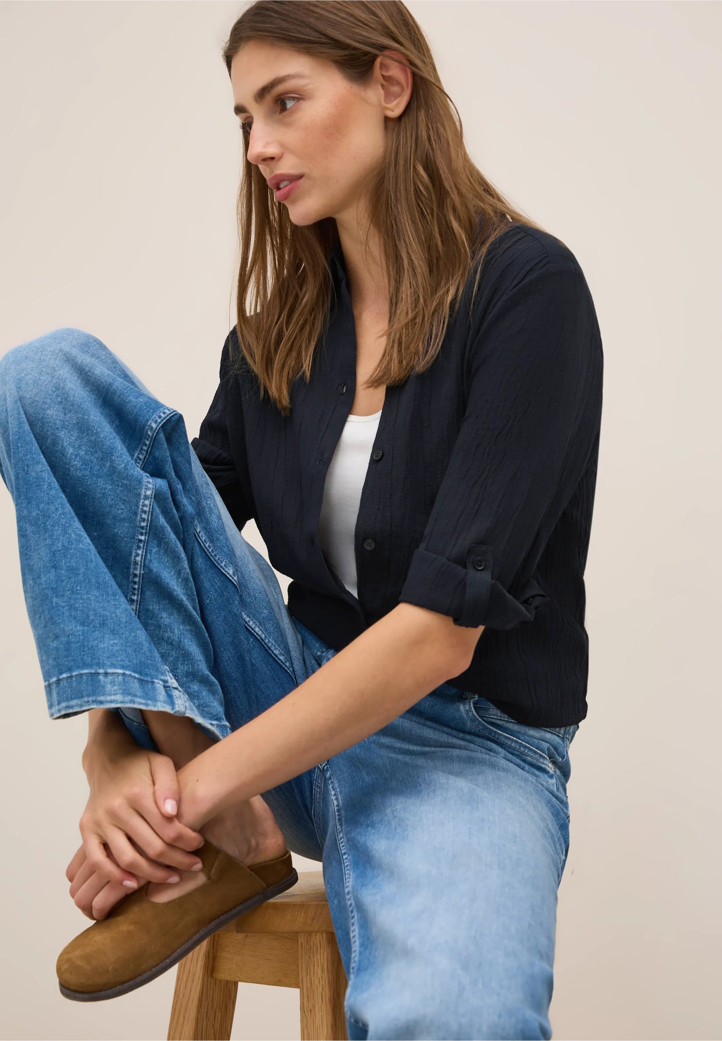Shirt Blouse in Structured Seersucker, Dark Blue