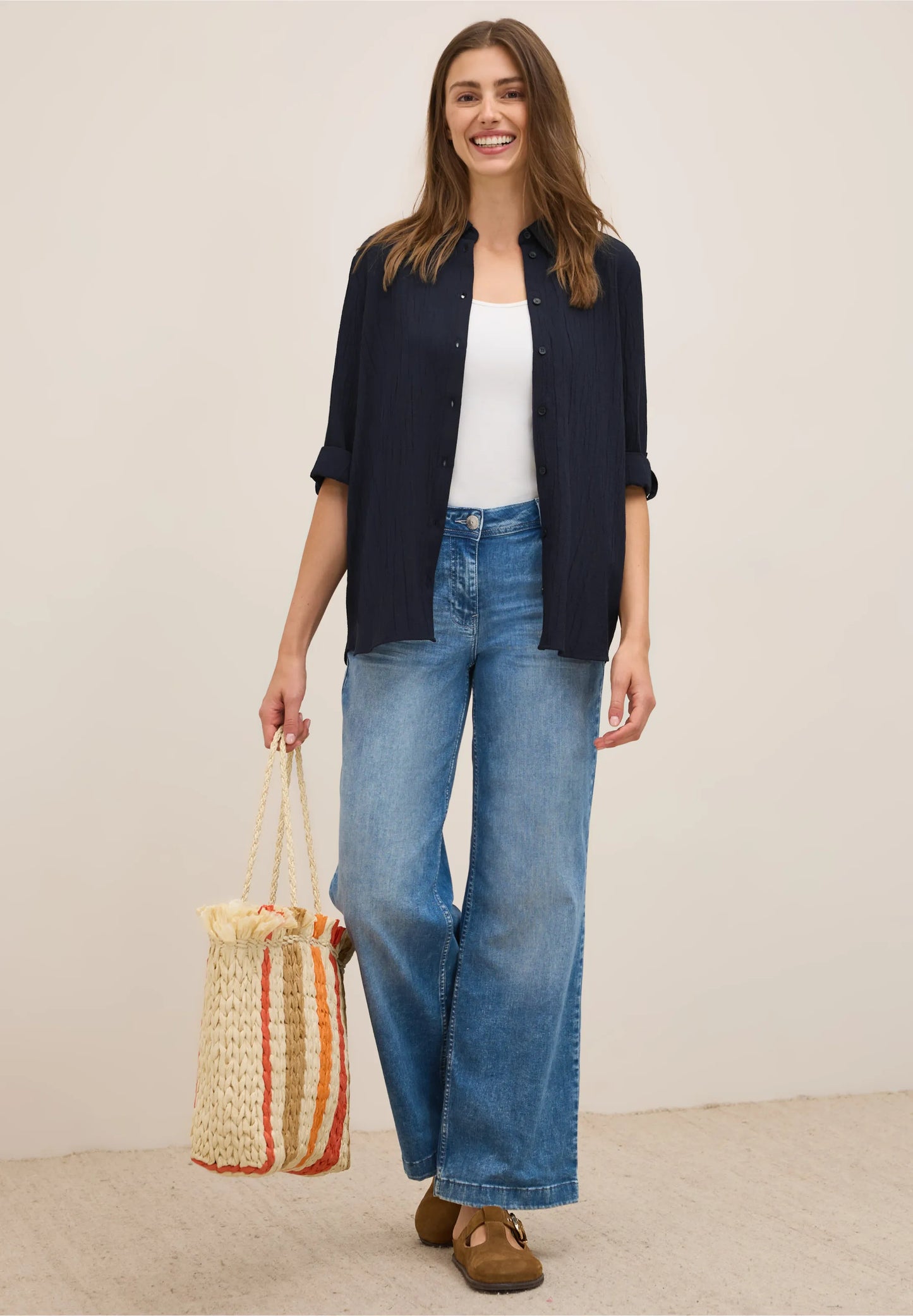 Shirt Blouse in Structured Seersucker, Dark Blue