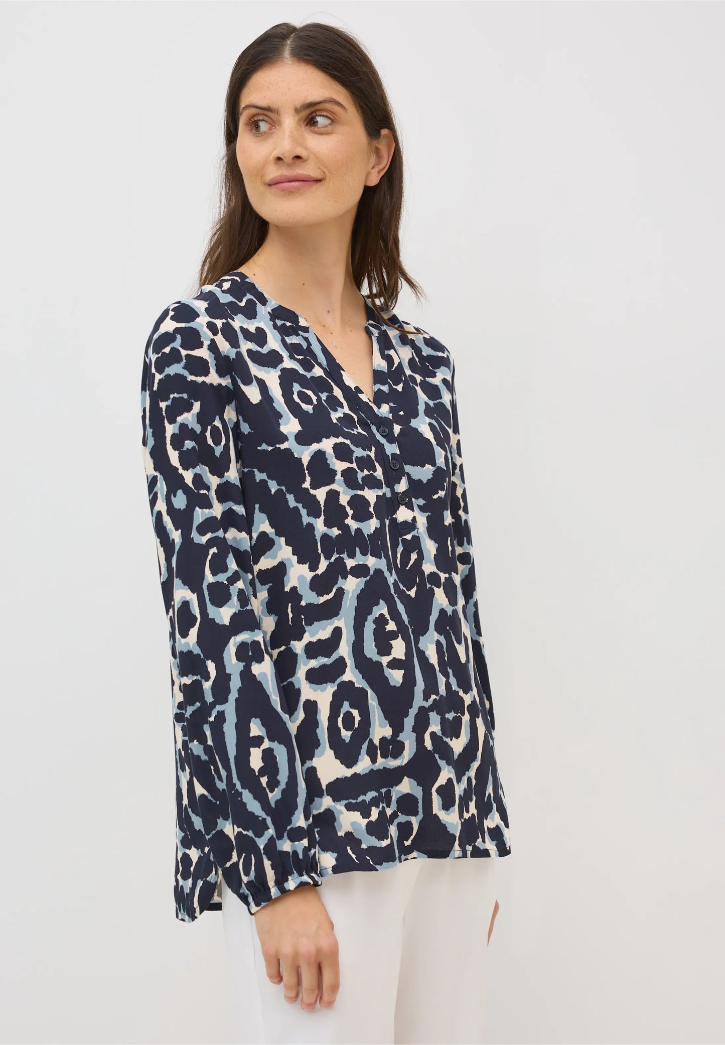 Graphic Print Shirt with Split Neck, Urban Dark Blue