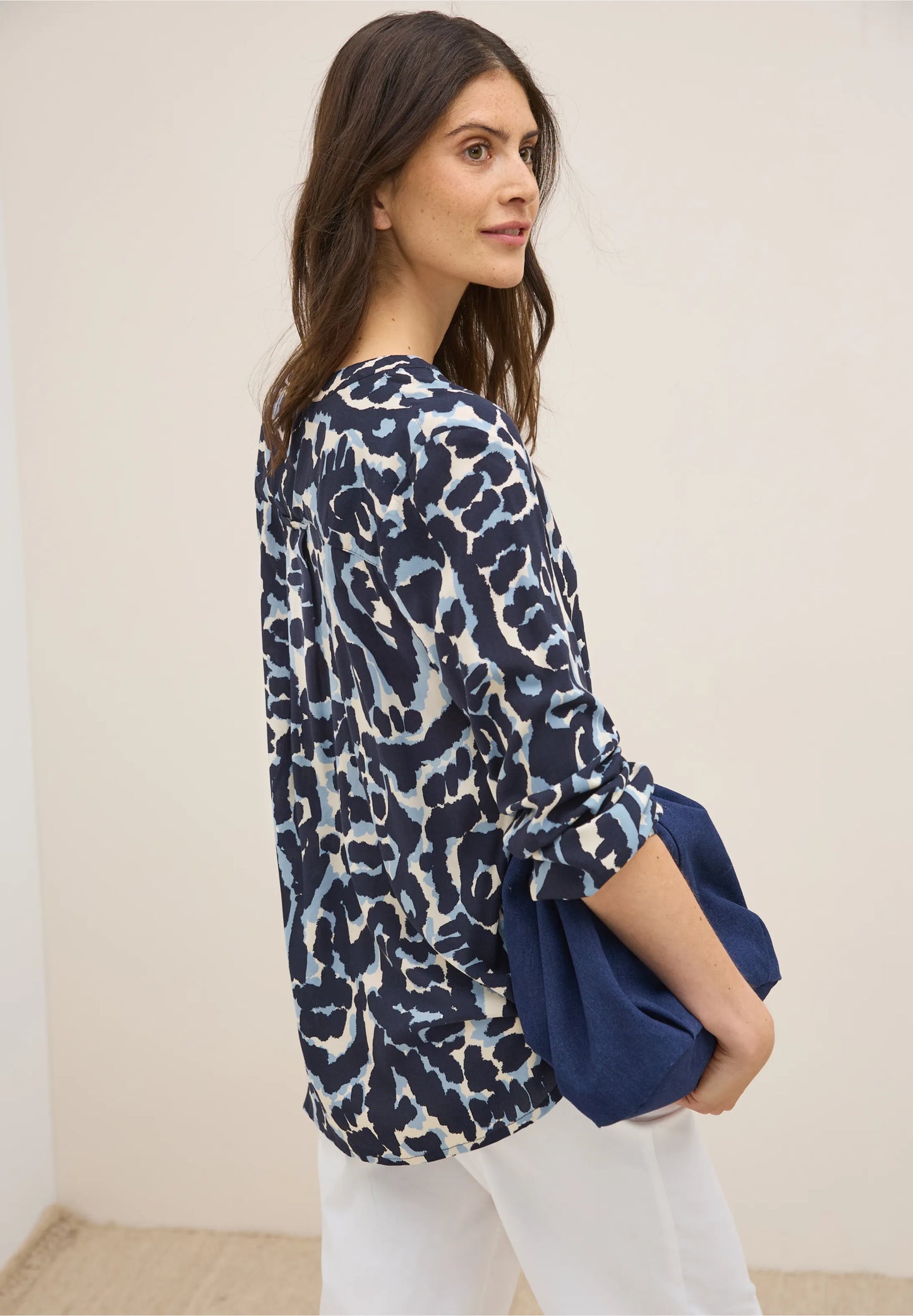 Graphic Print Shirt with Split Neck, Urban Dark Blue