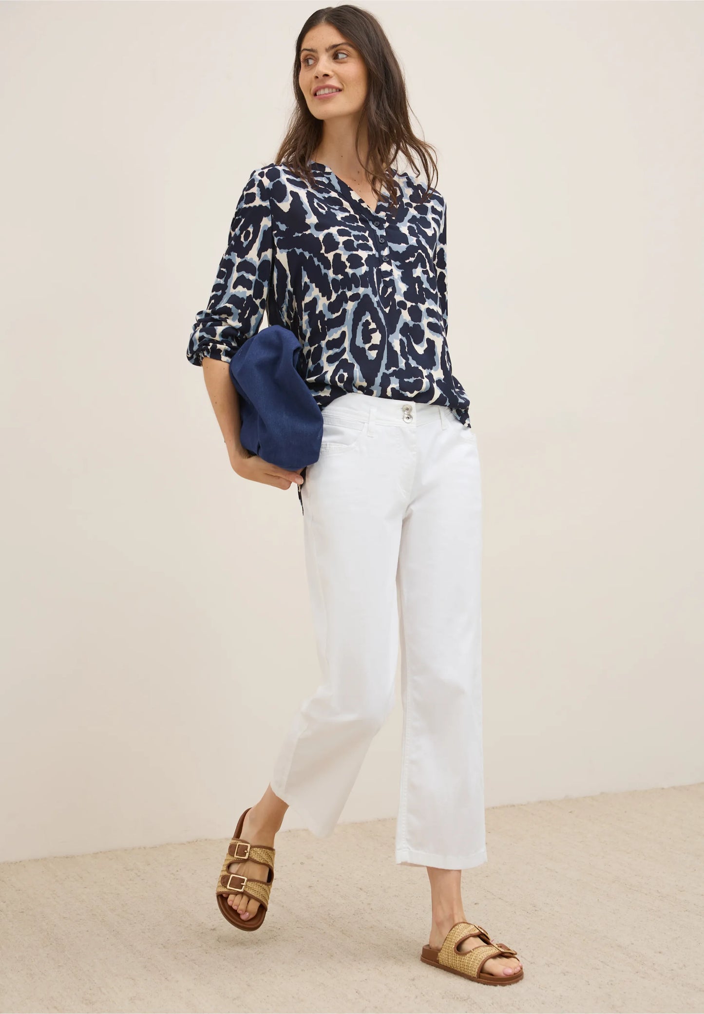 Graphic Print Shirt with Split Neck, Urban Dark Blue