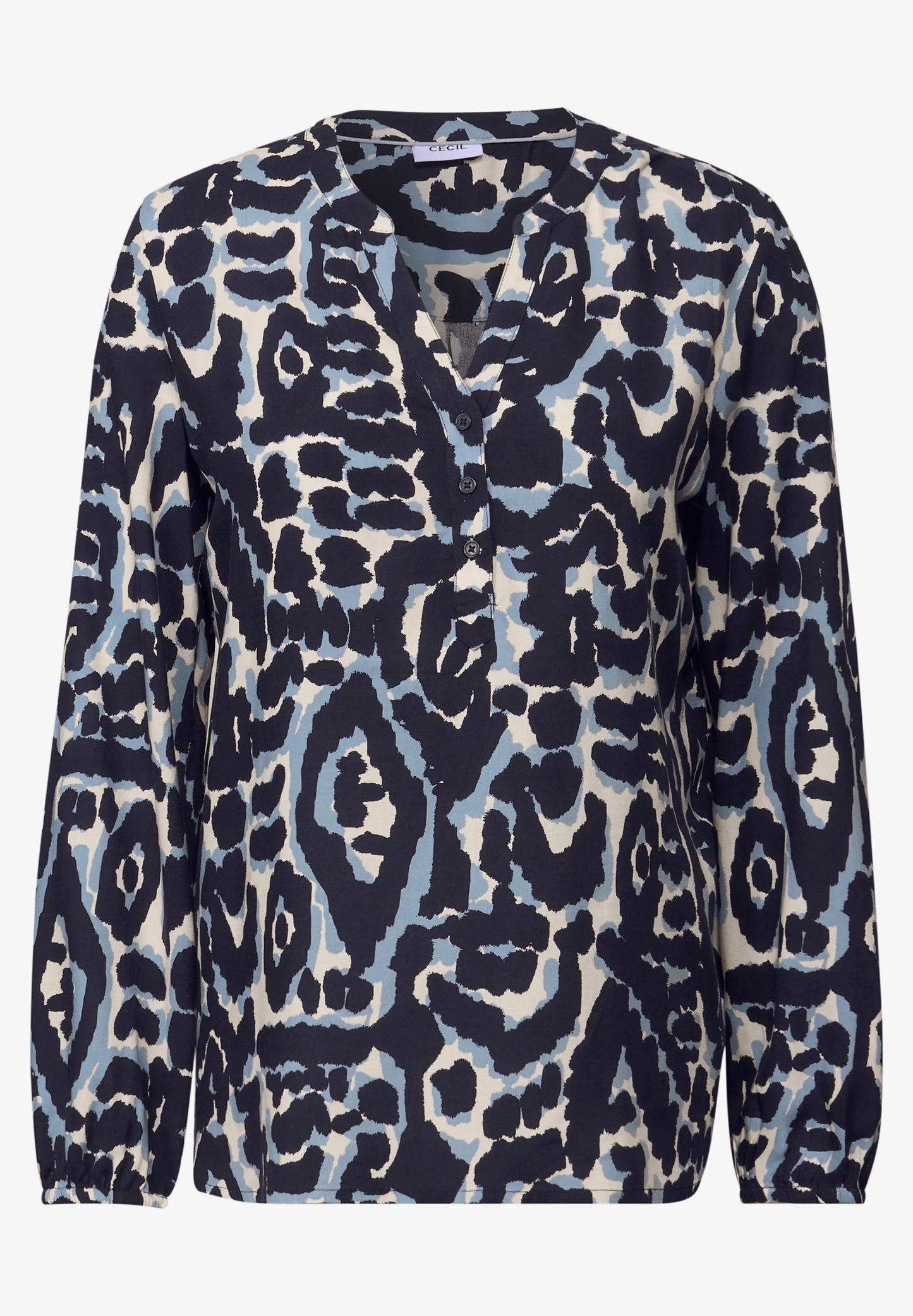 Graphic Print Shirt with Split Neck, Urban Dark Blue