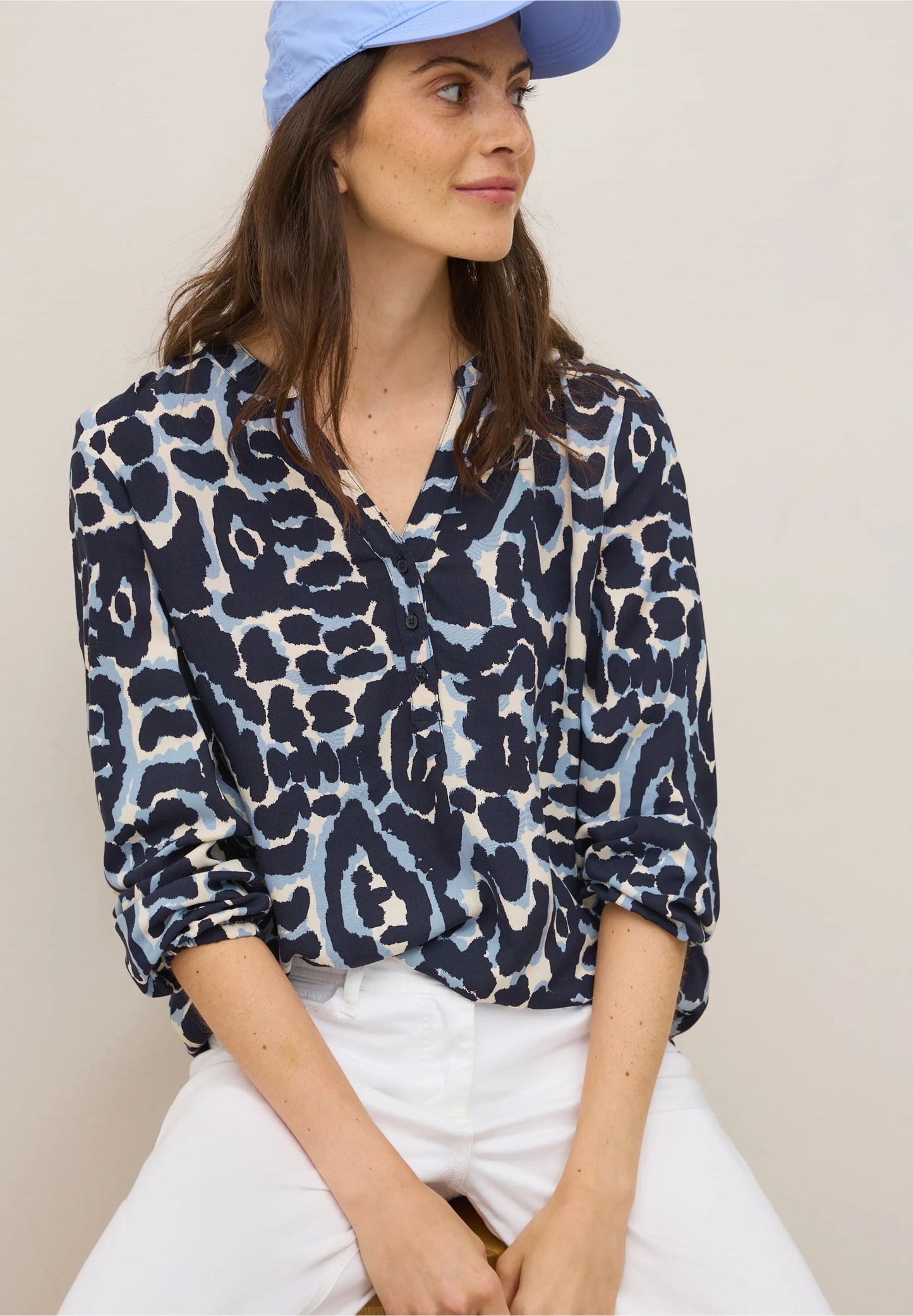 Graphic Print Shirt with Split Neck, Urban Dark Blue