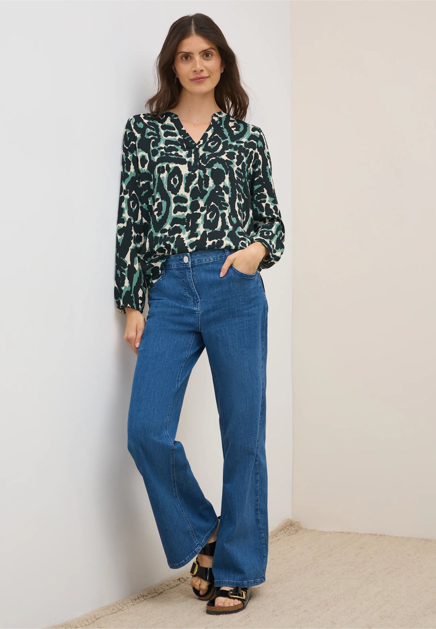 Graphic Print Shirt with Split Neck, Ink Green
