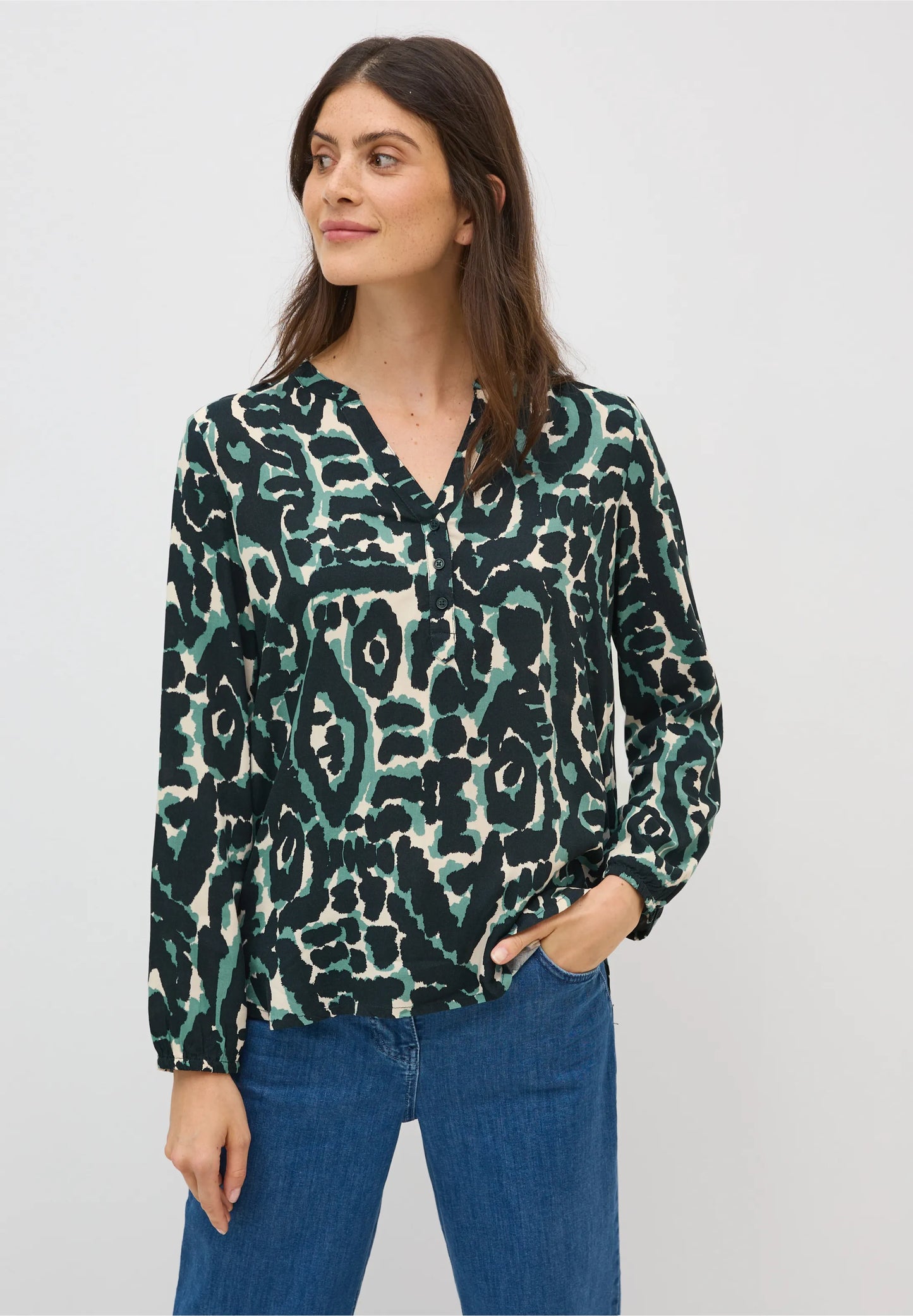 Graphic Print Shirt with Split Neck, Ink Green