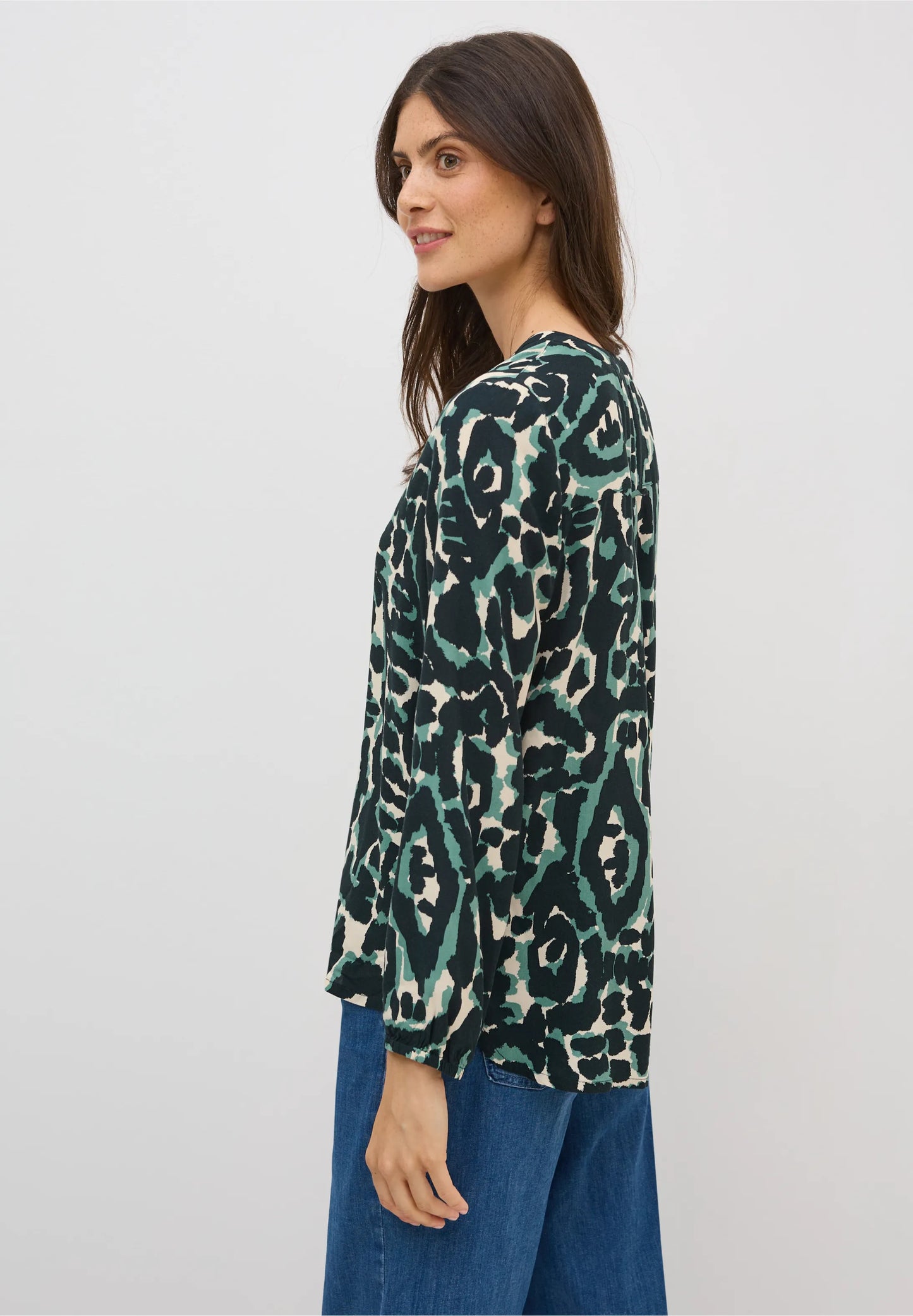 Graphic Print Shirt with Split Neck, Ink Green
