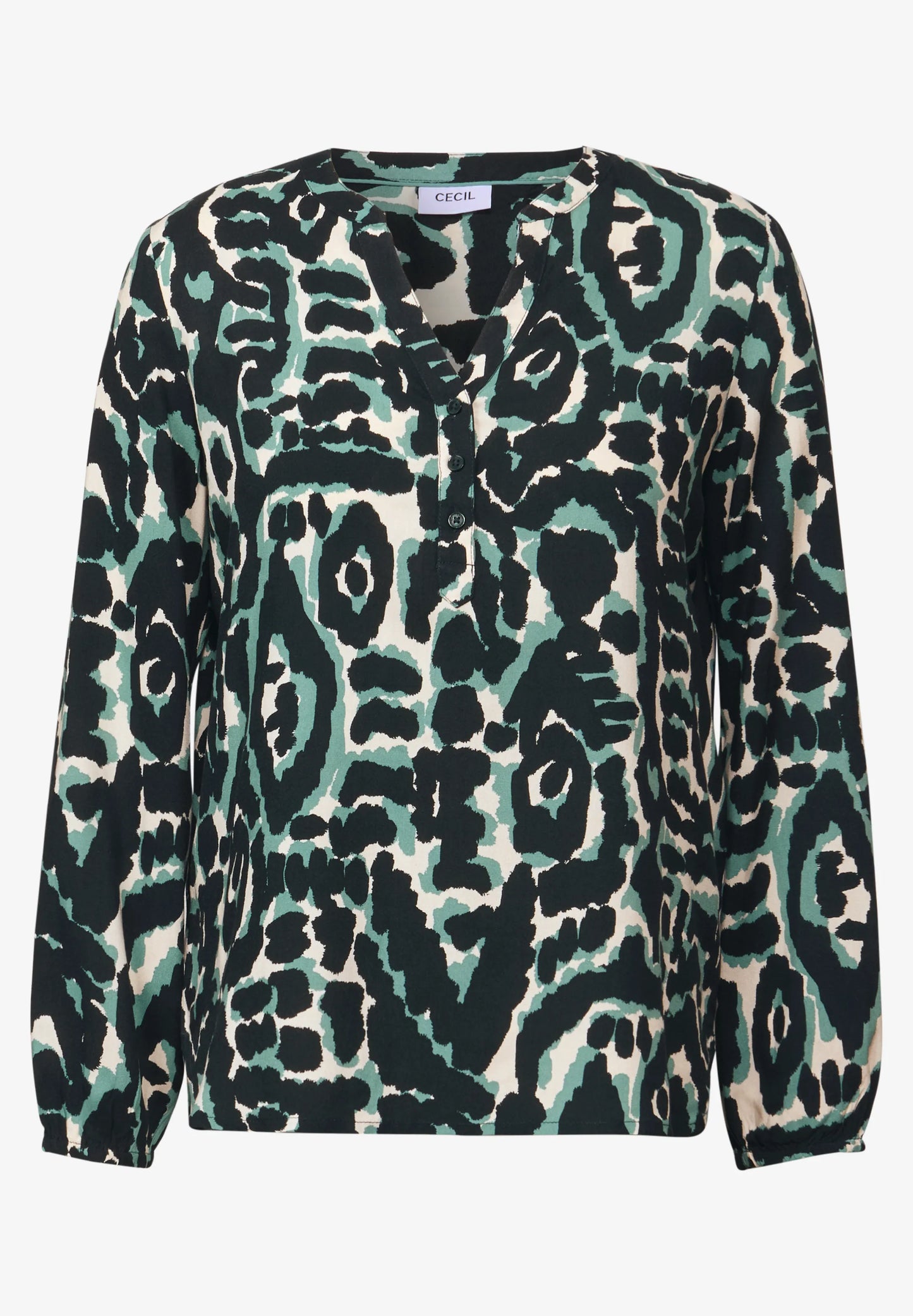 Graphic Print Shirt with Split Neck, Ink Green