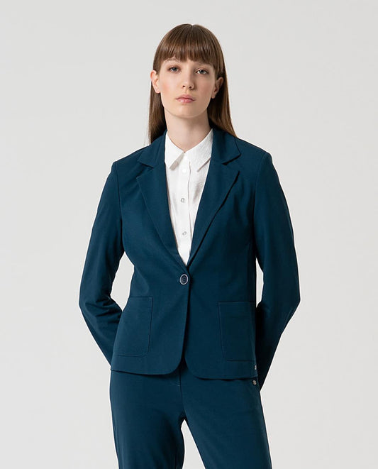 Tailored Blazer with Single Button Closure, Petrol Blue
