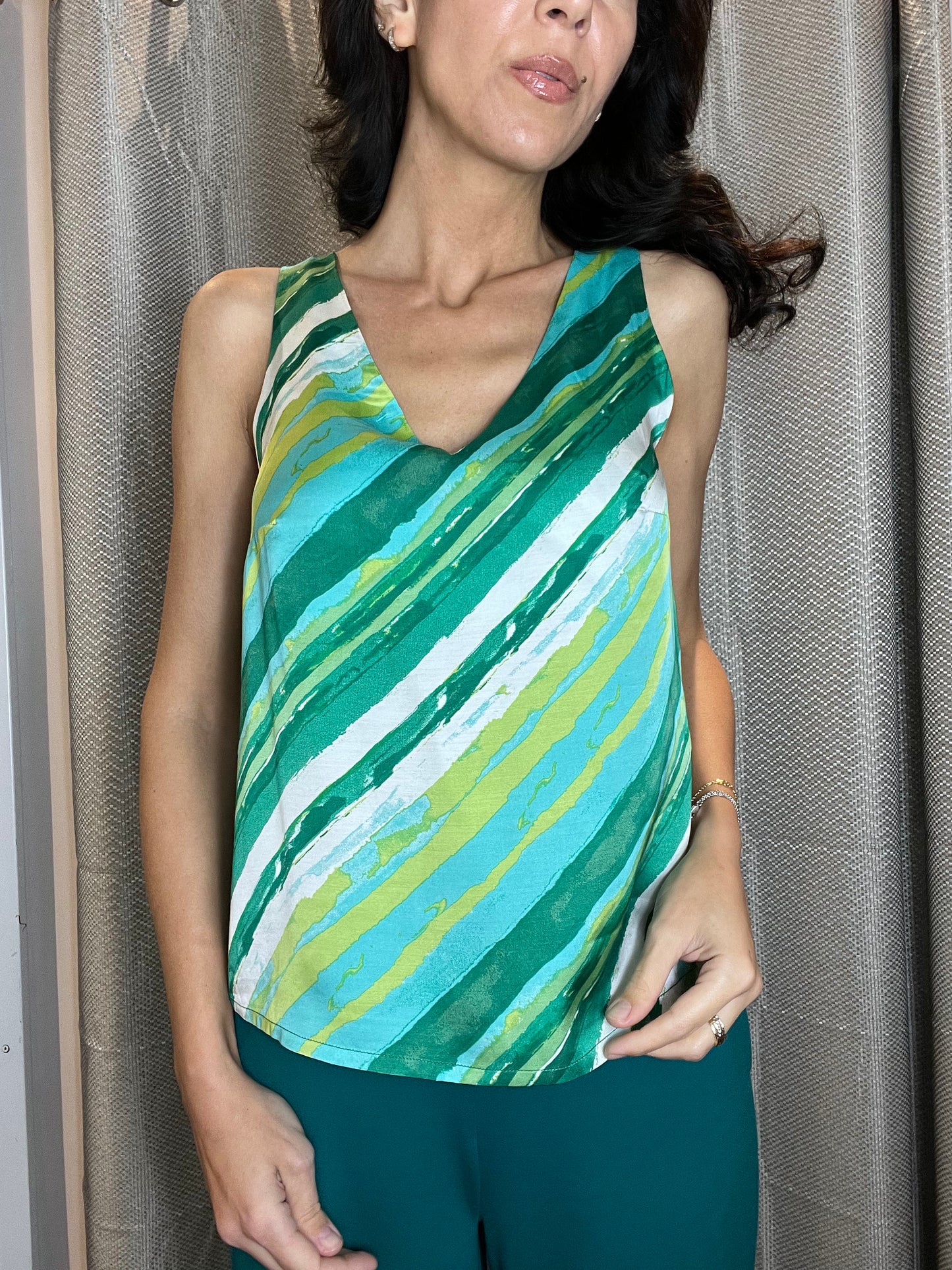 Striped Sleeveless V-Neck Top, Green