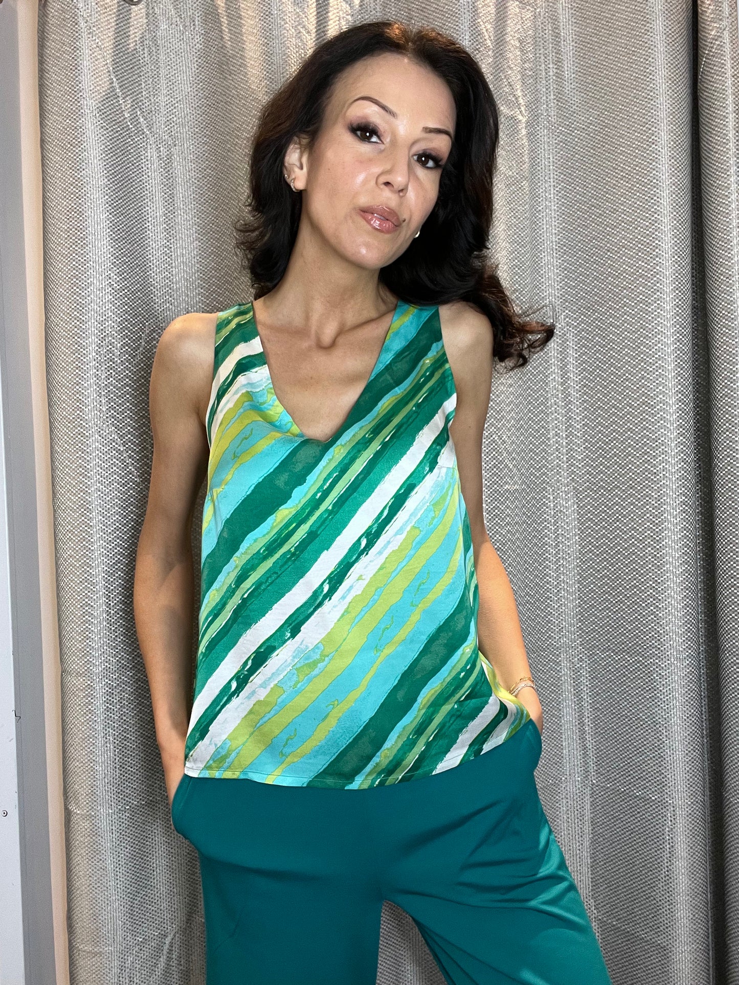 Striped Sleeveless V-Neck Top, Green
