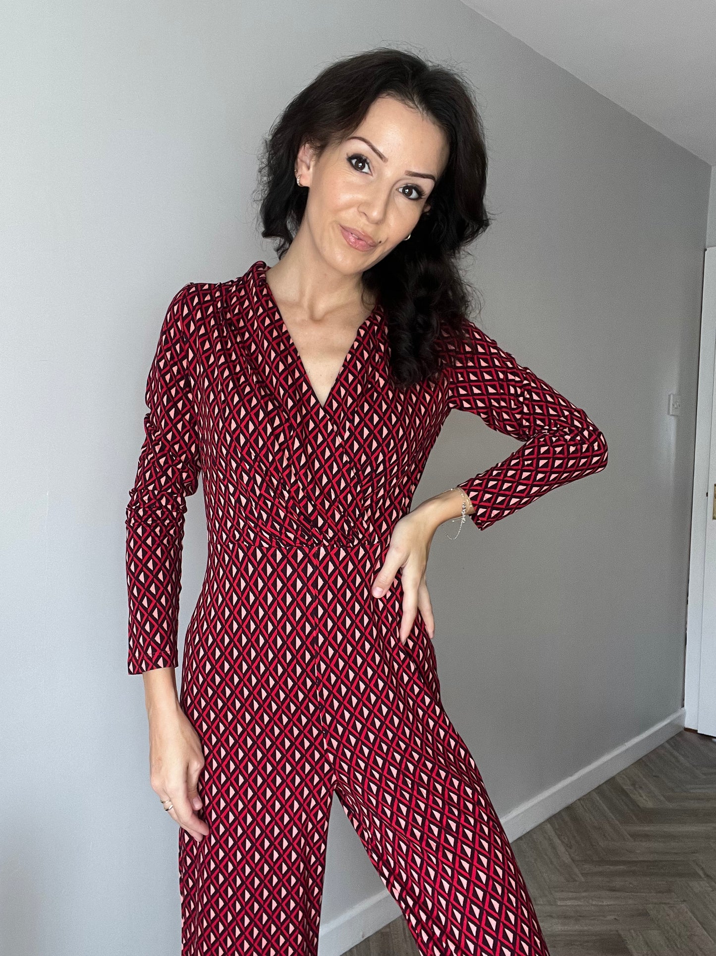 Stretch Printed Cross Over Jumpsuit Red