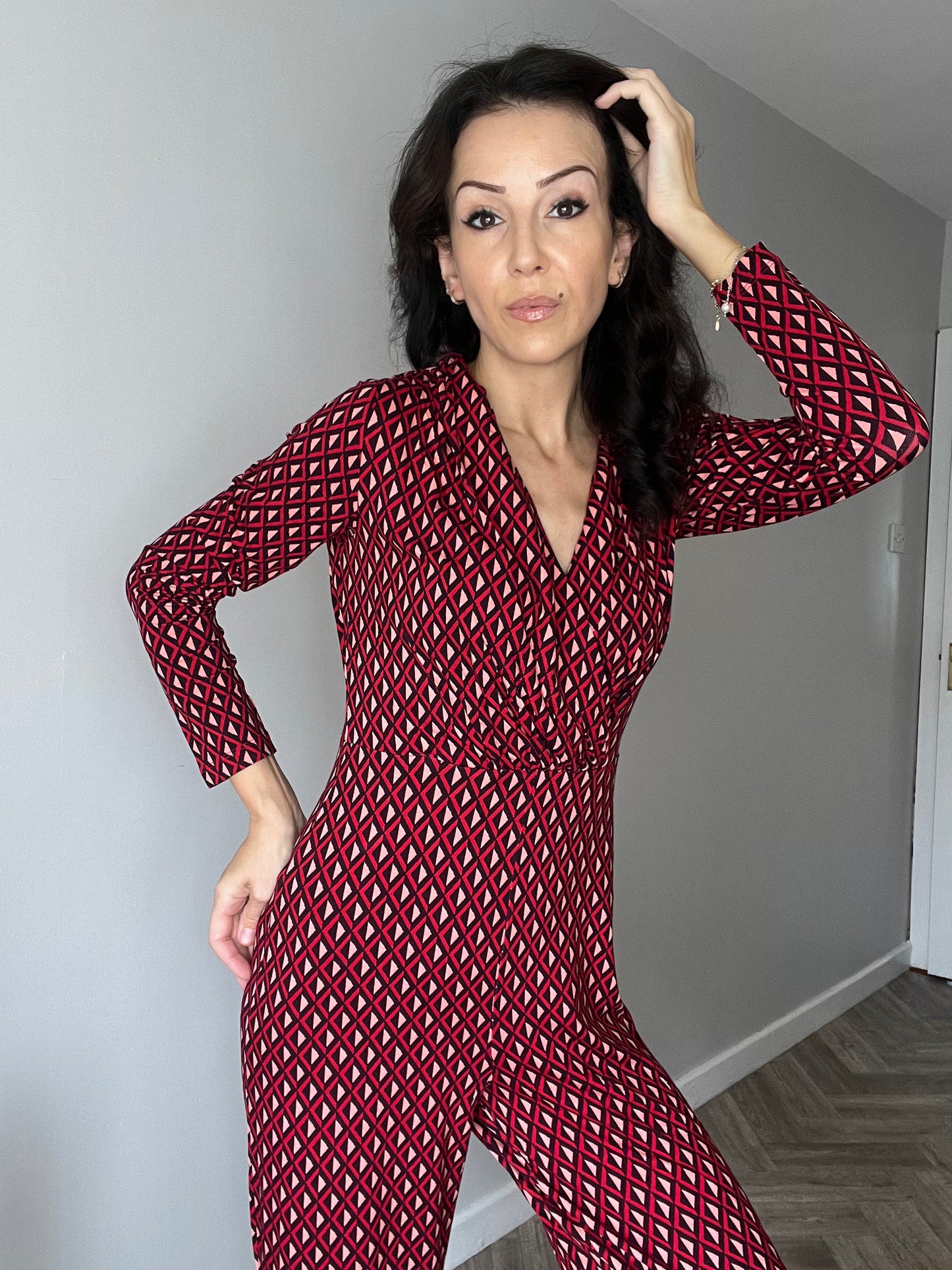 Stretch Printed Cross Over Jumpsuit Red