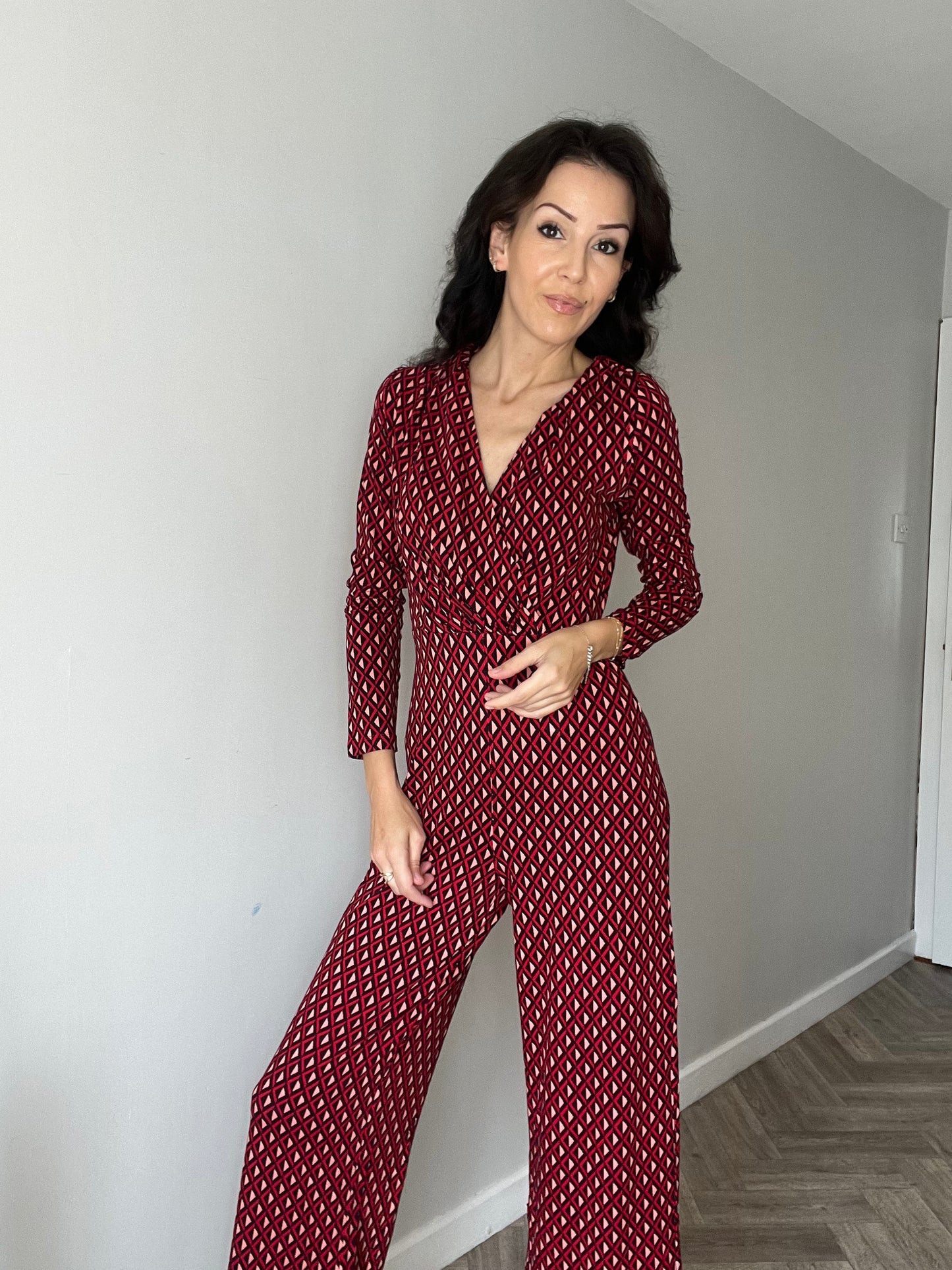 Stretch Printed Cross Over Jumpsuit Red