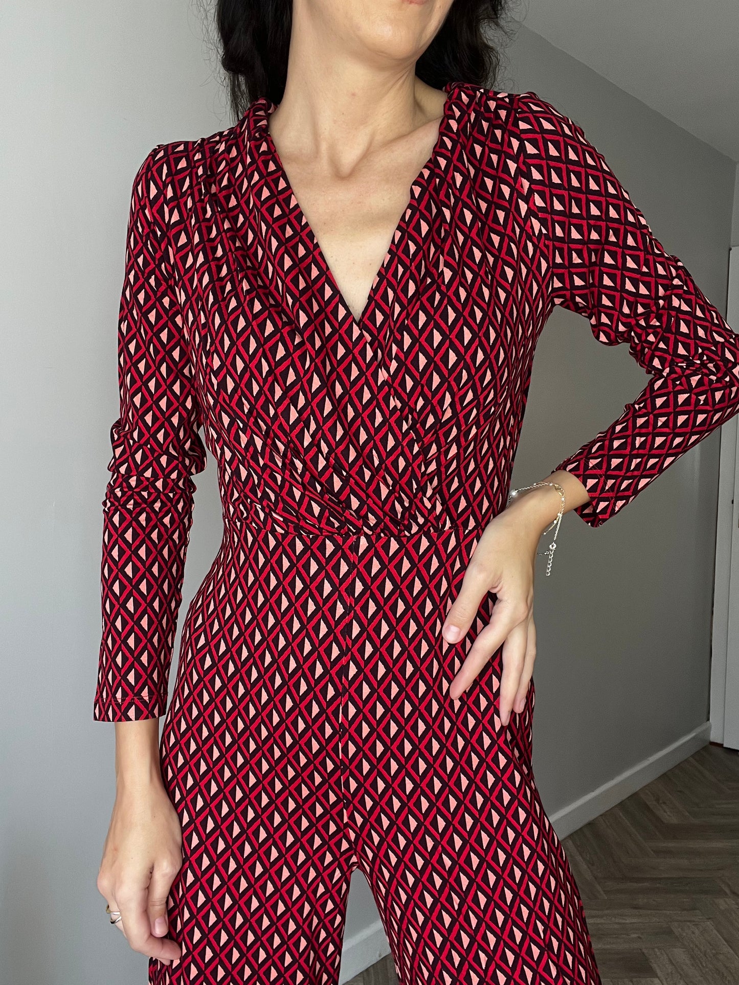 Stretch Printed Cross Over Jumpsuit Red