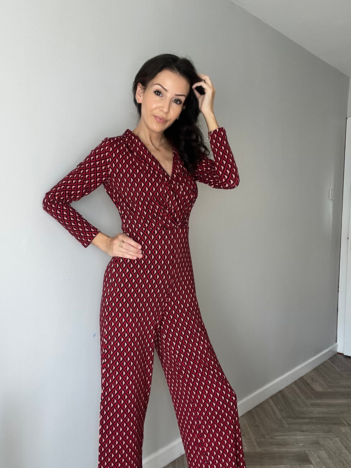 Stretch Printed Cross Over Jumpsuit Red