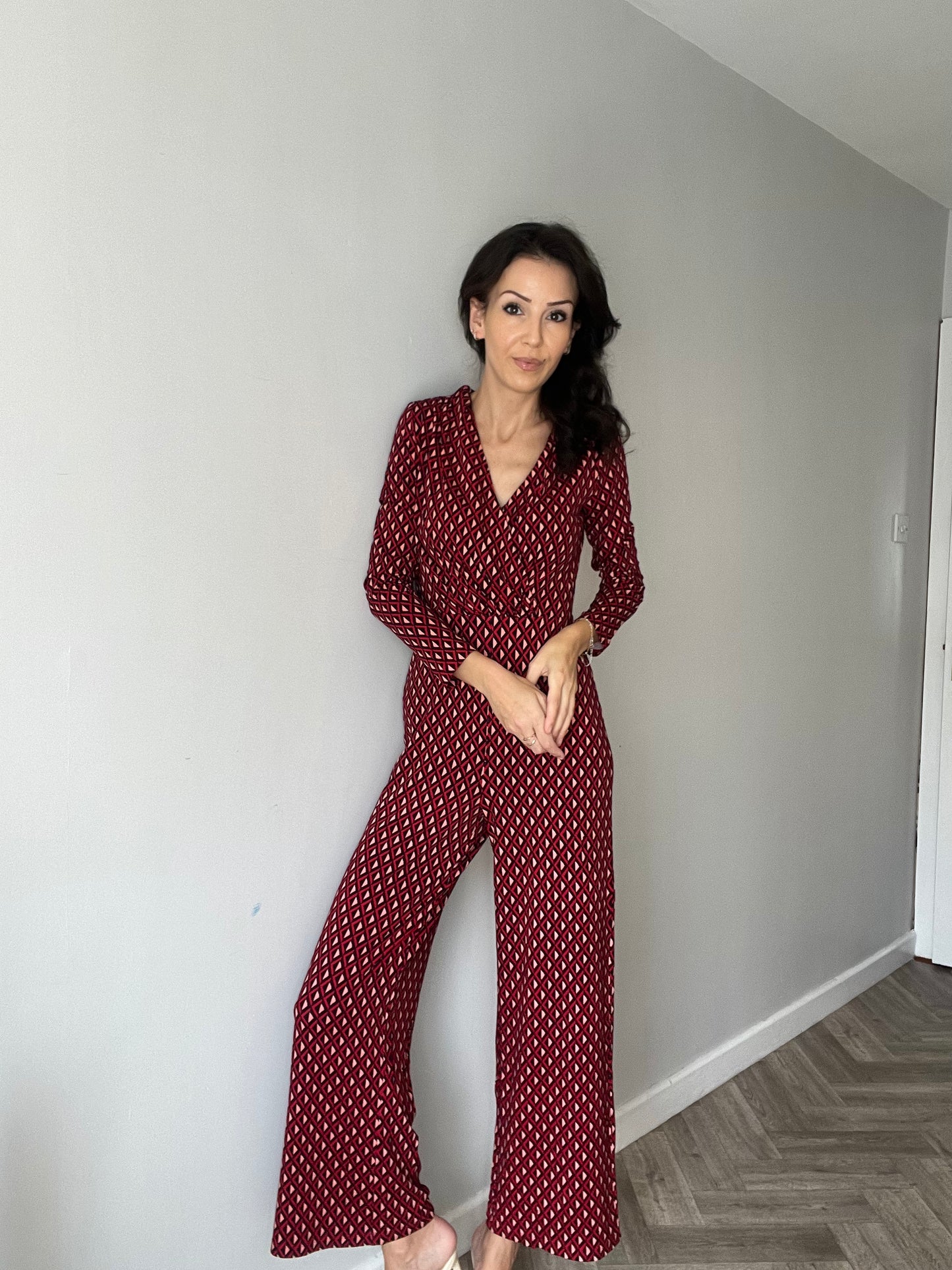 Stretch Printed Cross Over Jumpsuit Red