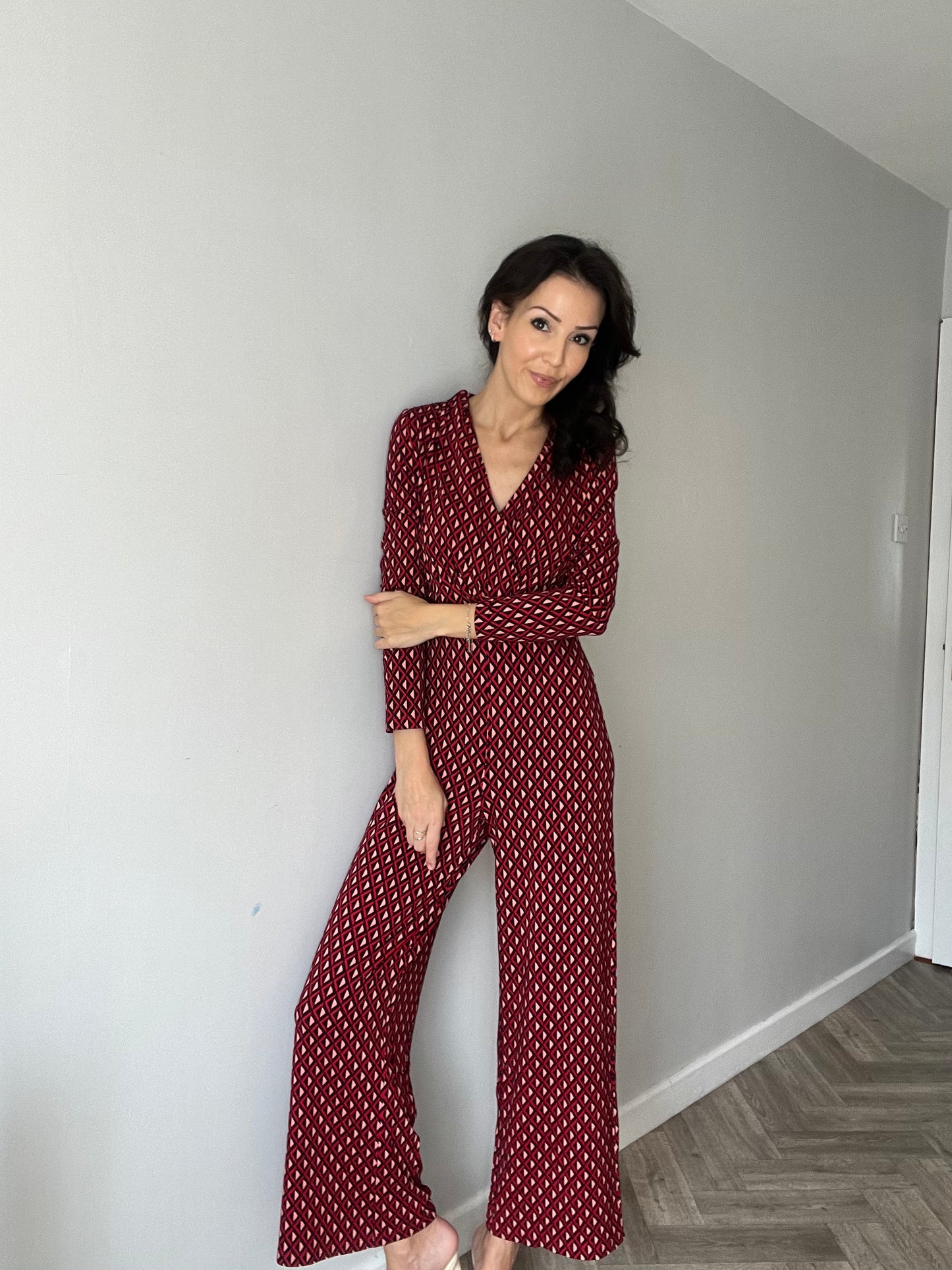 Stretch Printed Cross Over Jumpsuit Red