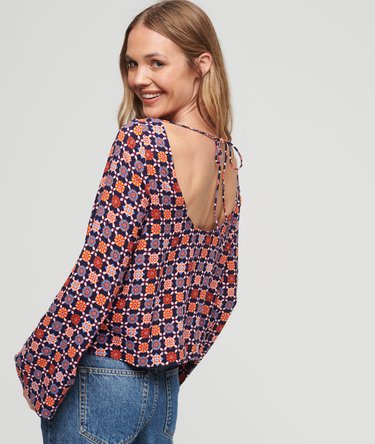 Printed Woven Top with Flared Sleeves