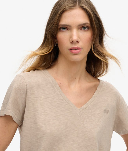 Slub Embroidered V-Neck T-Shirt, String Brown