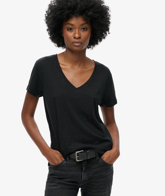 Slub Embroidered V-Neck T-Shirt, Black