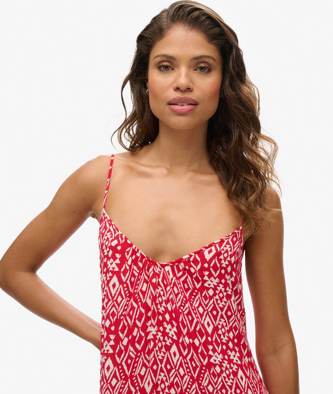 Long Printed Cami Dress, Boho Red