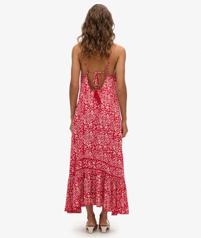 Long Printed Cami Dress, Boho Red