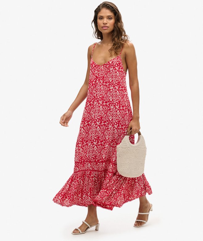 Long Printed Cami Dress, Boho Red
