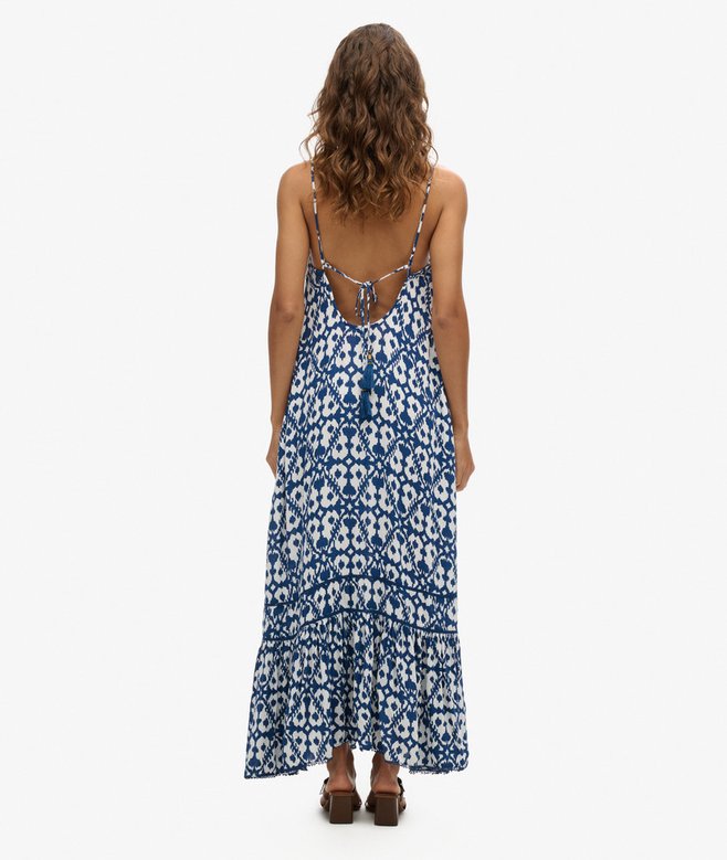 Long Printed Cami Dress, Arrow Ikat Blue