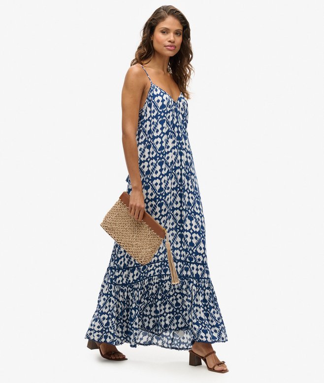 Long Printed Cami Dress, Arrow Ikat Blue