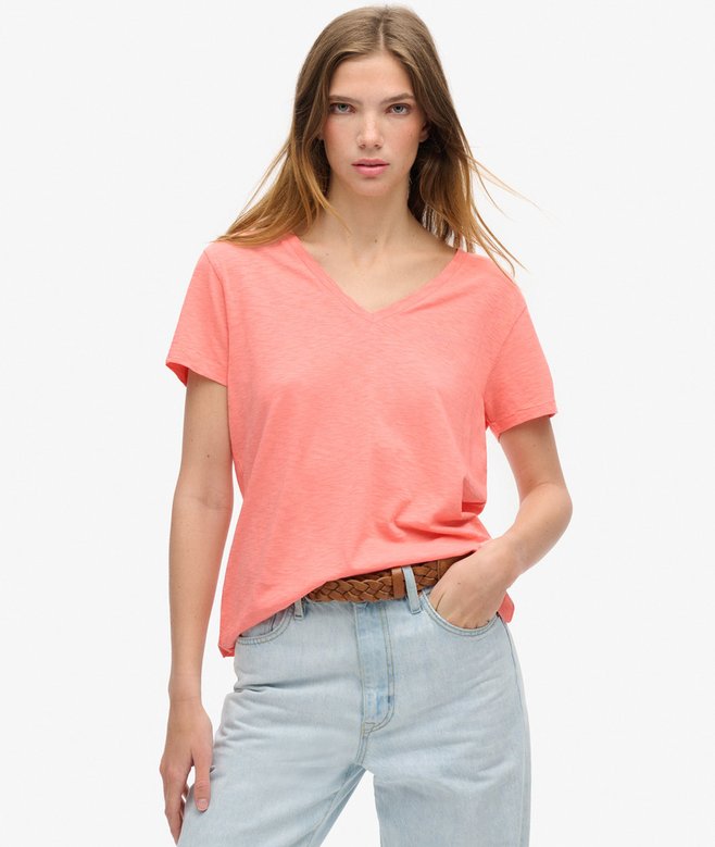 Slub Embroidered V-Neck T-Shirt, Peach Amber Pink
