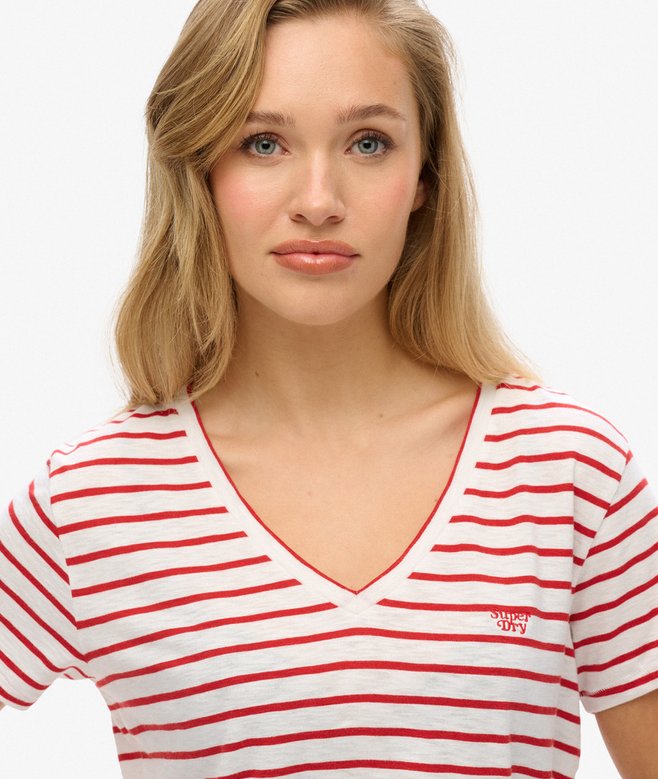 Slub Embroidered V-Neck T-Shirt, Varsity Red/Optic Stripe