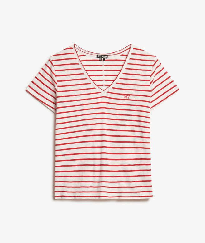 Slub Embroidered V-Neck T-Shirt, Varsity Red/Optic Stripe