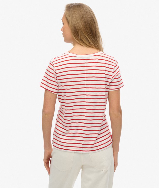 Slub Embroidered V-Neck T-Shirt, Varsity Red/Optic Stripe
