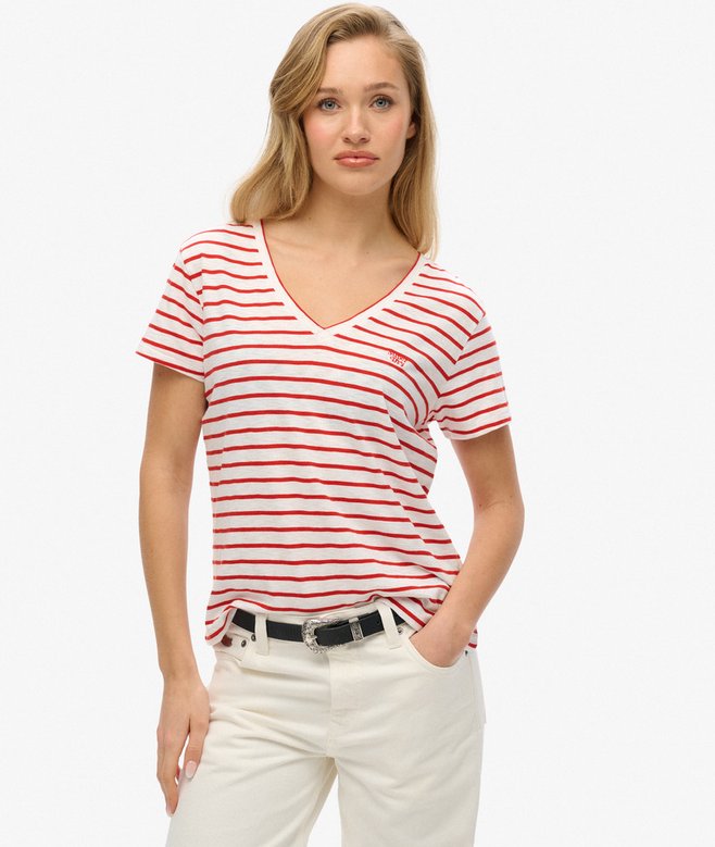 Slub Embroidered V-Neck T-Shirt, Varsity Red/Optic Stripe
