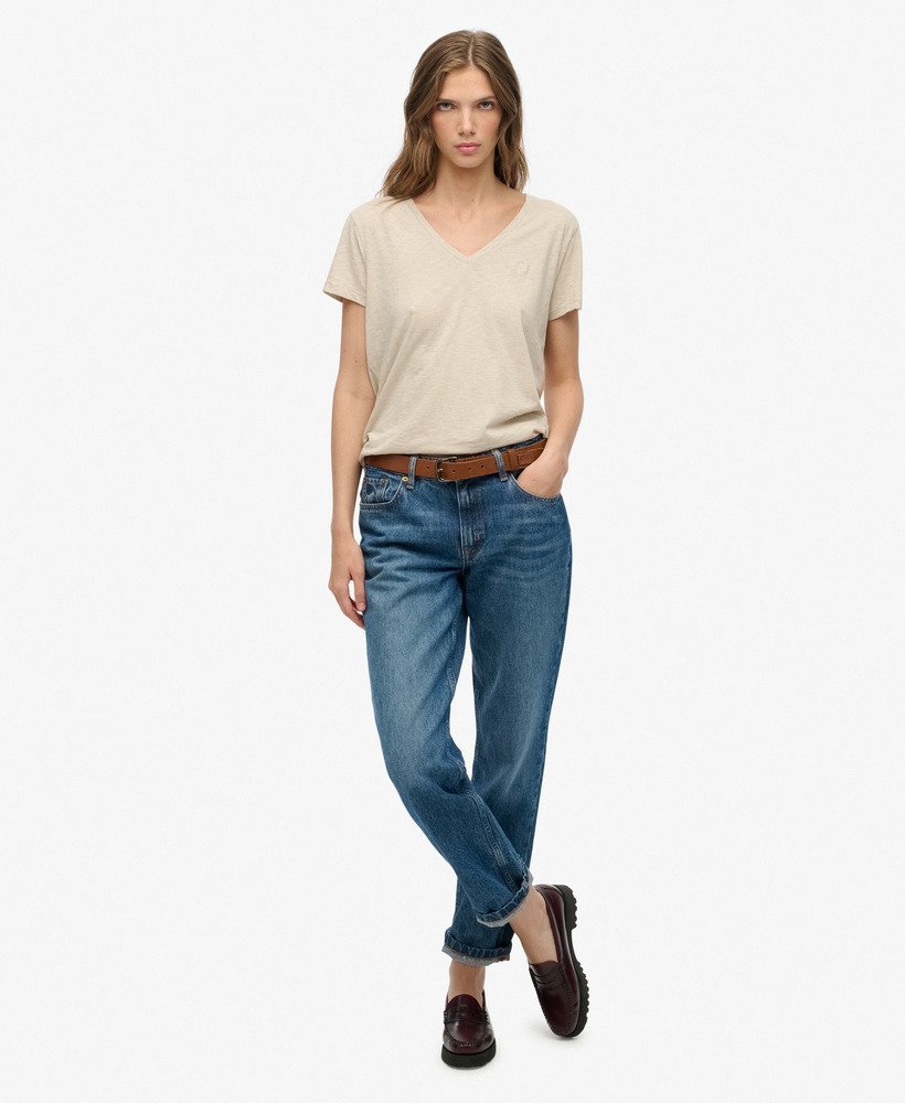 Slub V-Neck T-Shirt, Beige