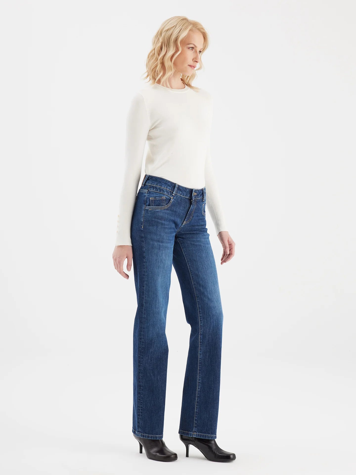 Mid Waist Straight Leg Jeans, Dark Blue