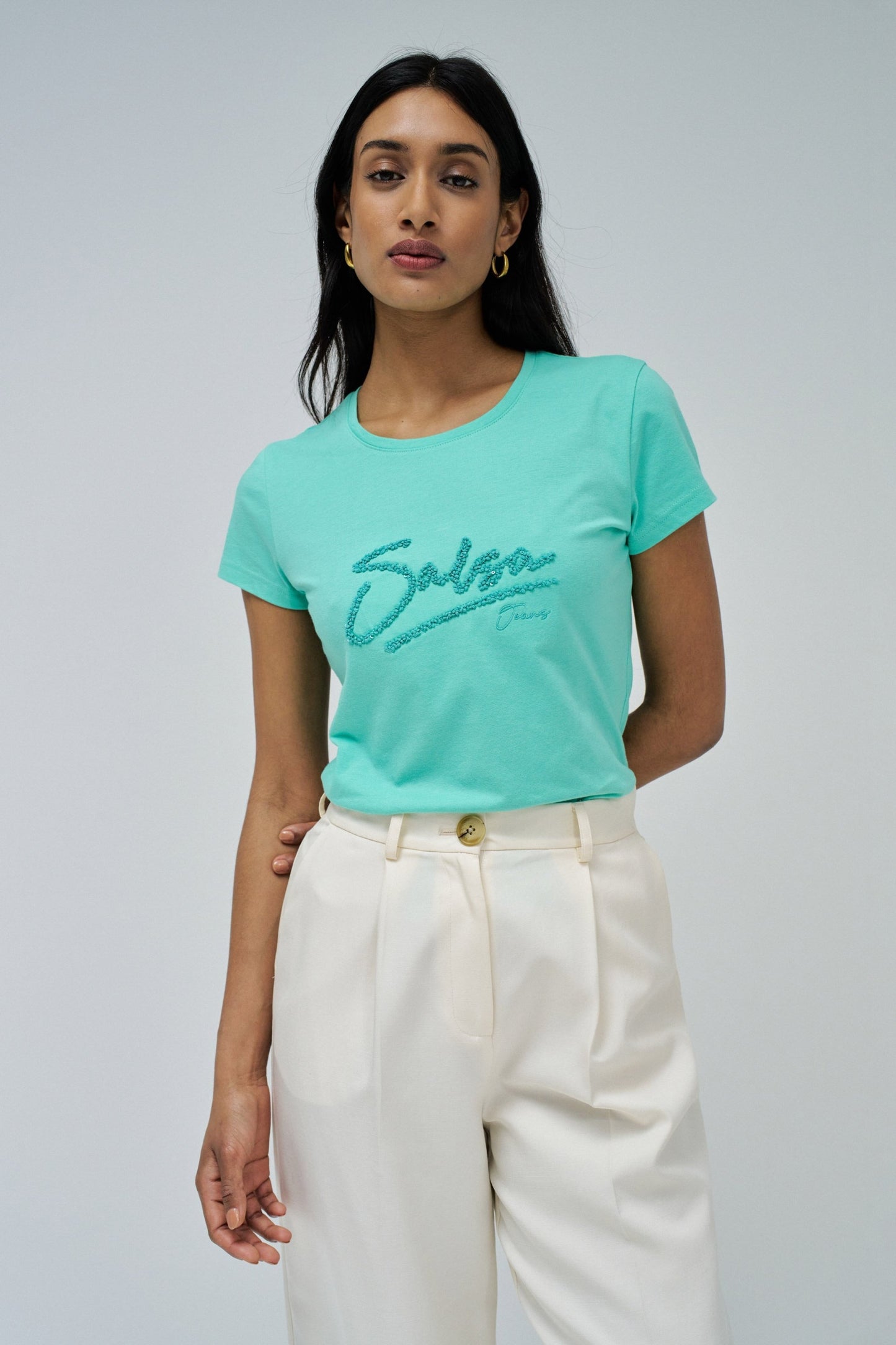 Logo T-Shirt with Beaded Detail, Mint Green