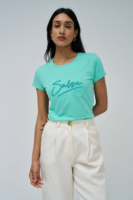 Logo T-Shirt with Beaded Detail, Mint Green